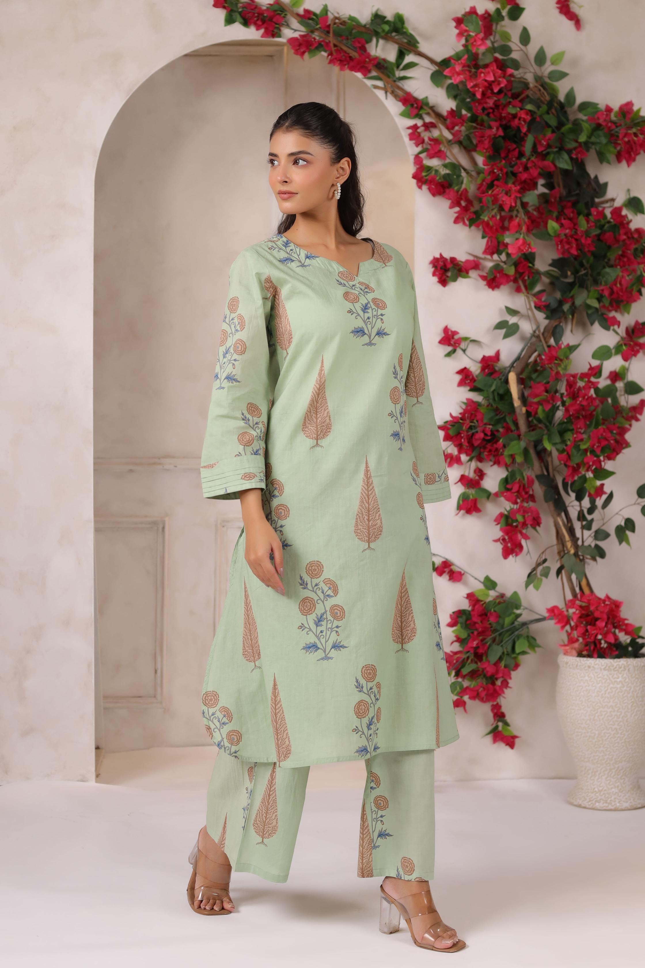 Pistachio Pastel Mughal BootaCotton Co-ord Set