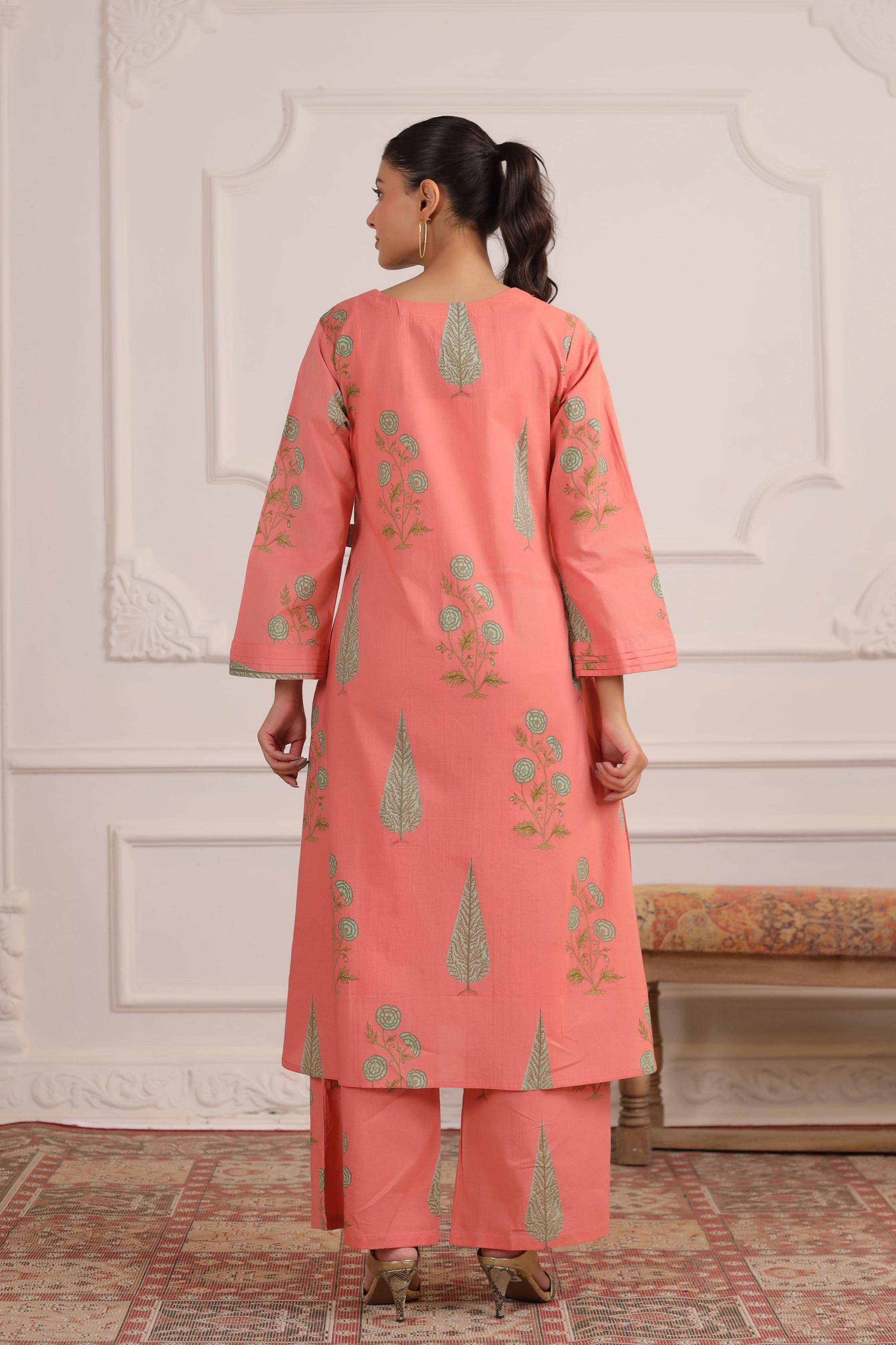 Salmon Peach Mughal BootaCotton Co-ord Set