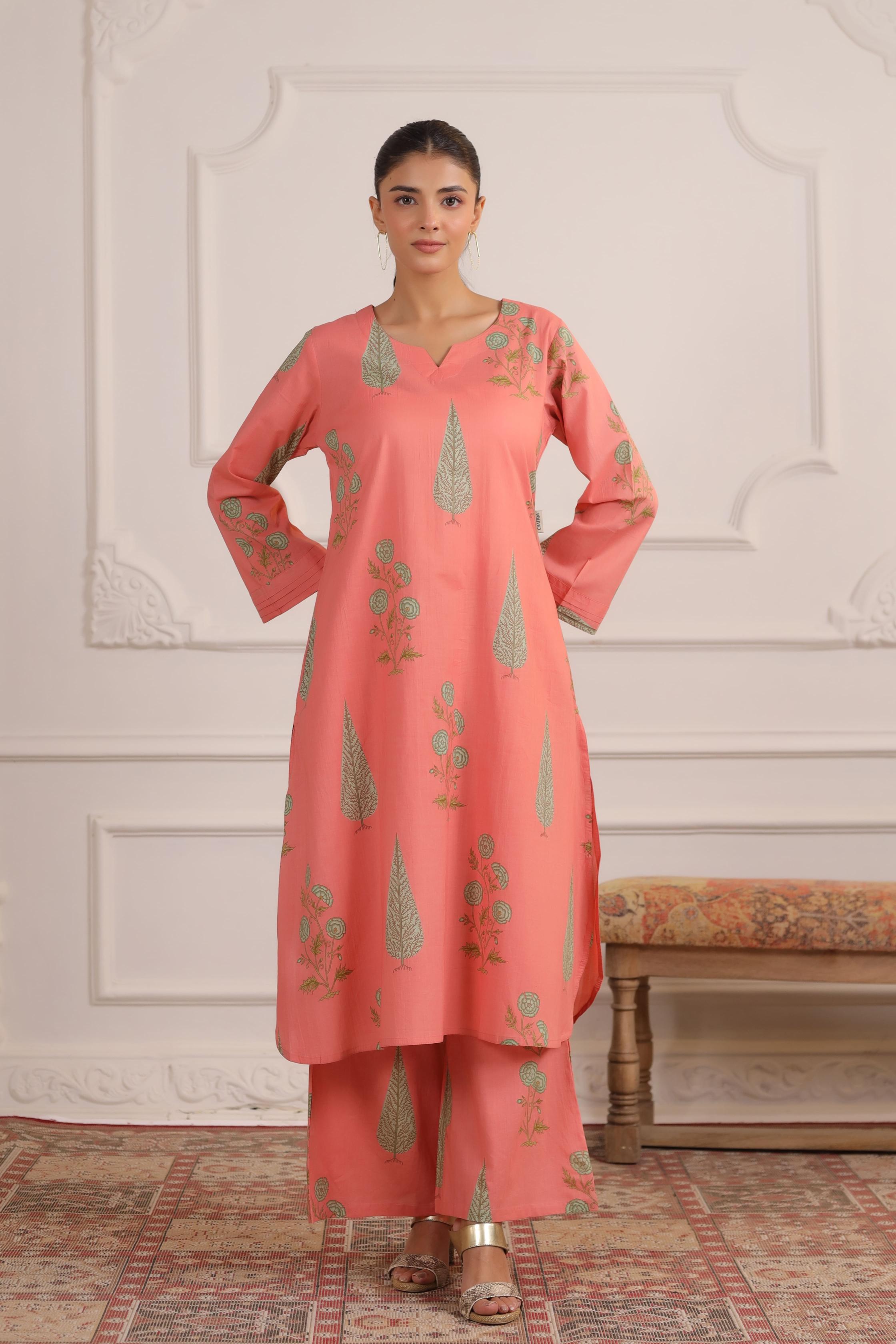 Salmon Peach Mughal BootaCotton Co-ord Set