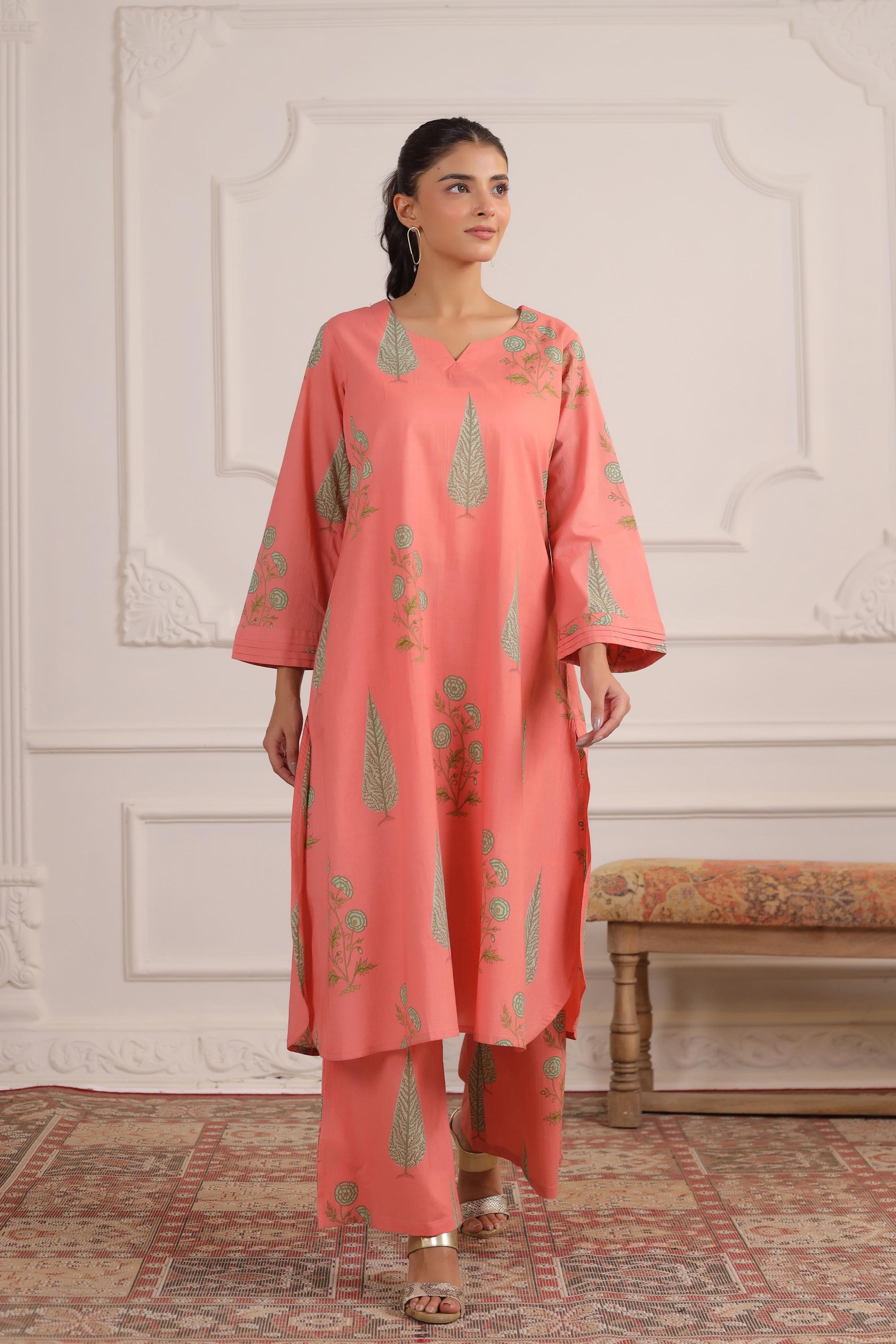 Salmon Peach Mughal BootaCotton Co-ord Set