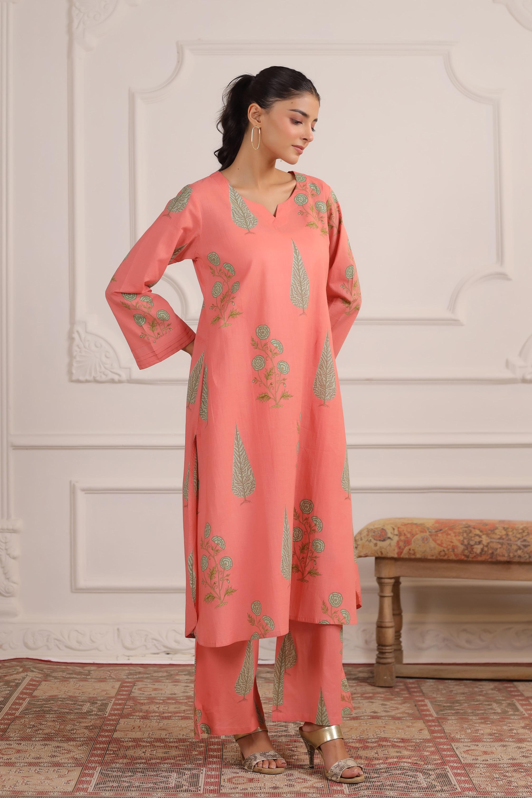 Salmon Peach Mughal BootaCotton Co-ord Set