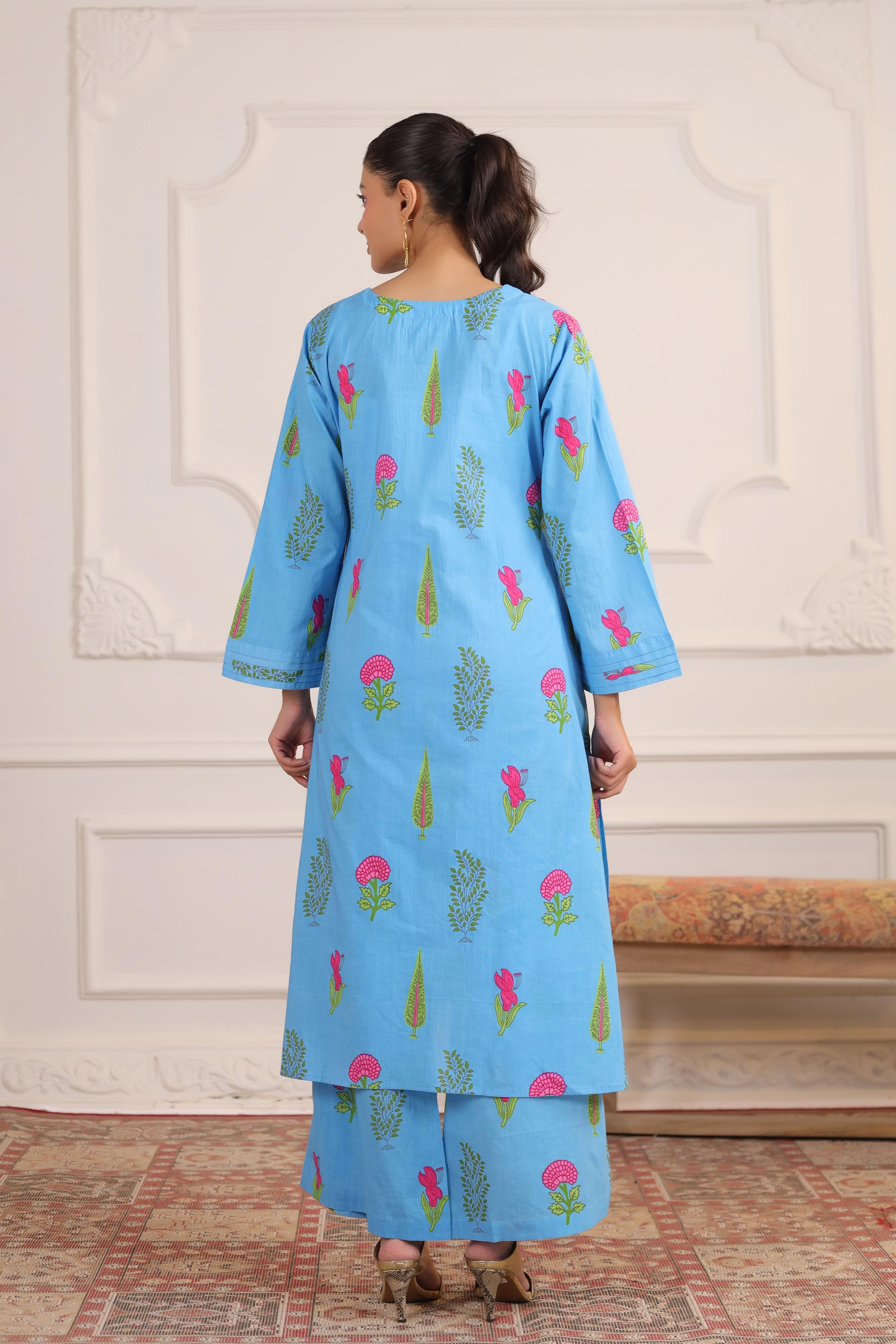 Pastel Blue Mughal Boota Cotton Co-ord Set