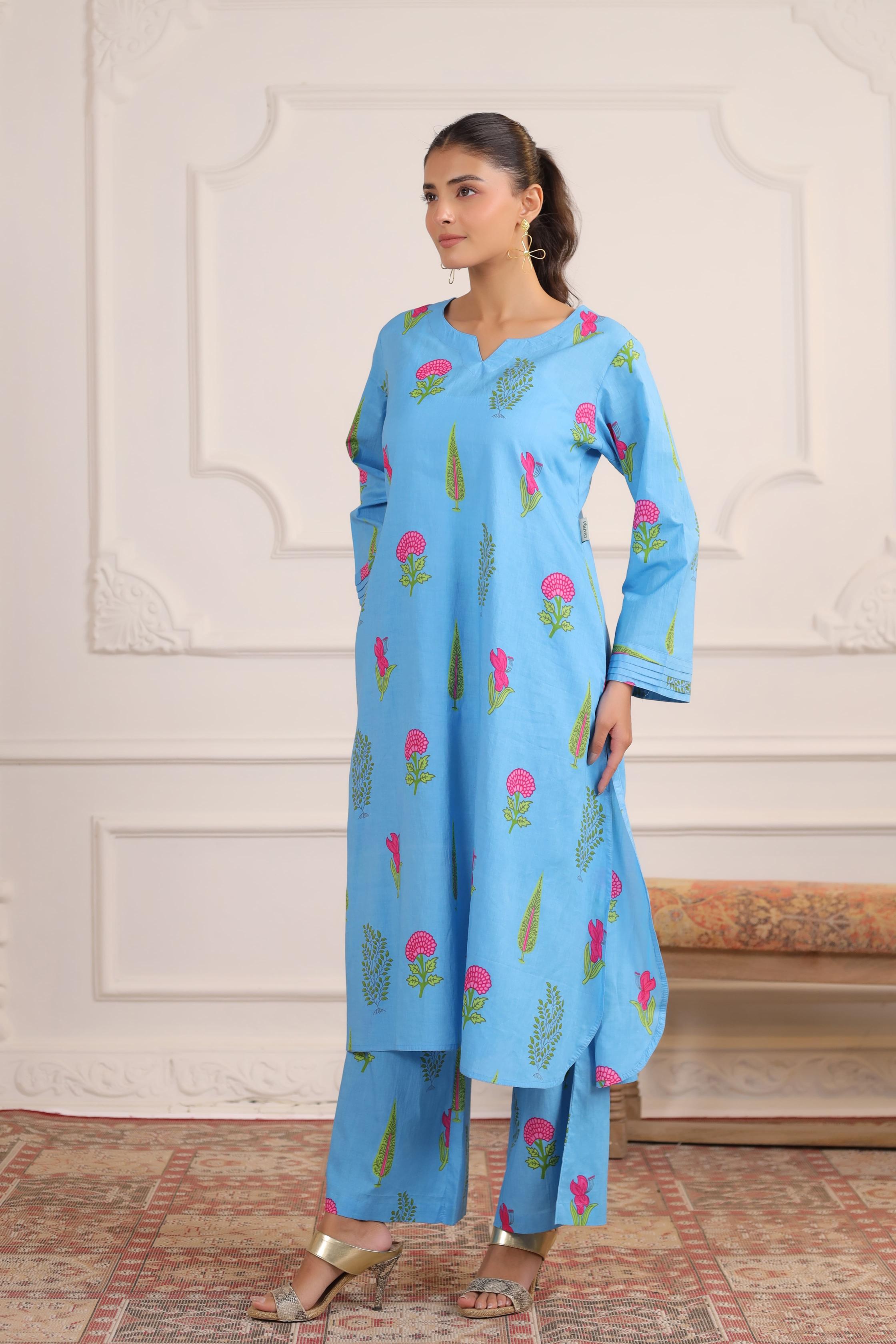 Pastel Blue Mughal Boota Cotton Co-ord Set