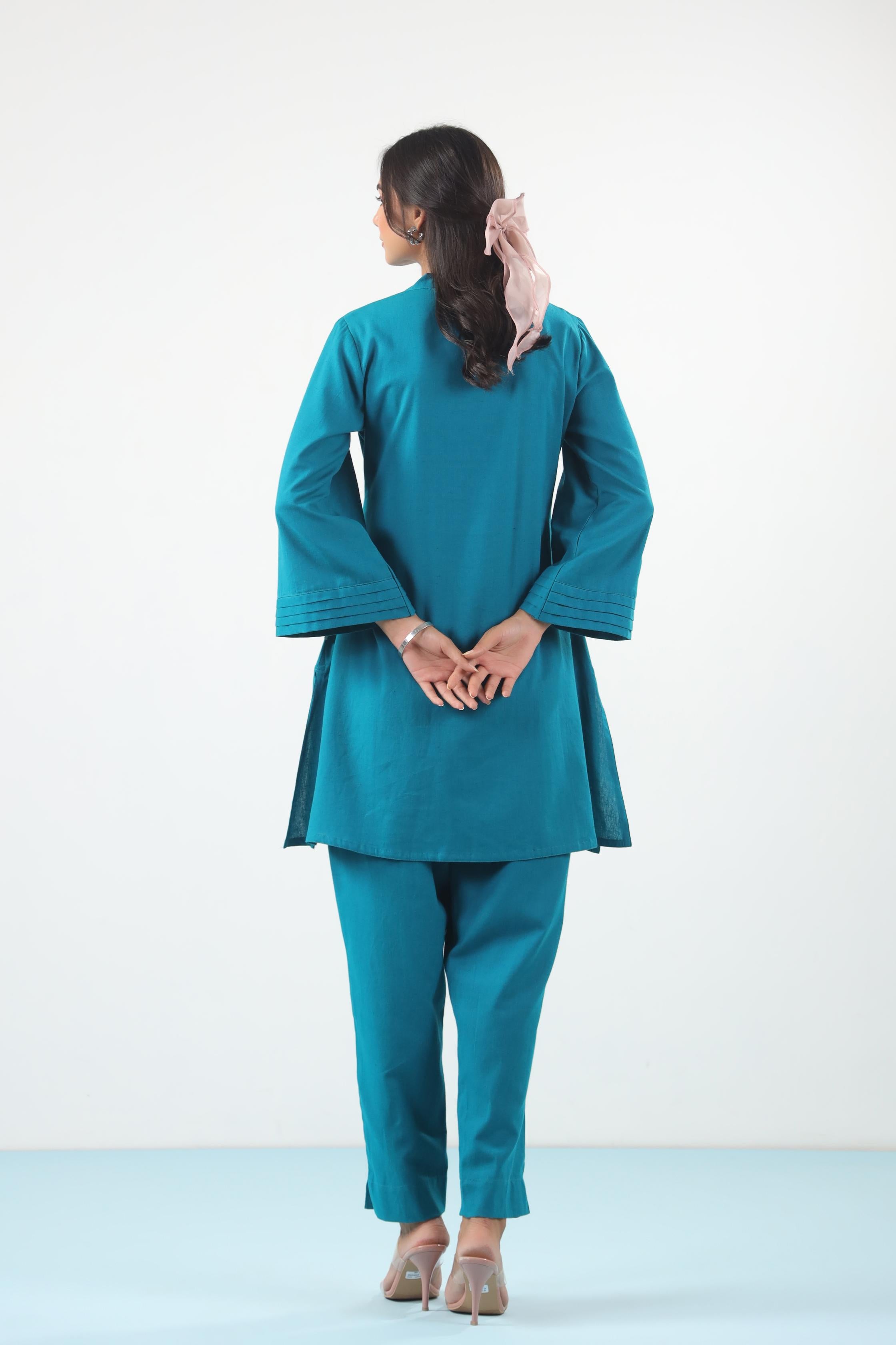 Blue Solid Cotton Flex Co-ord Set