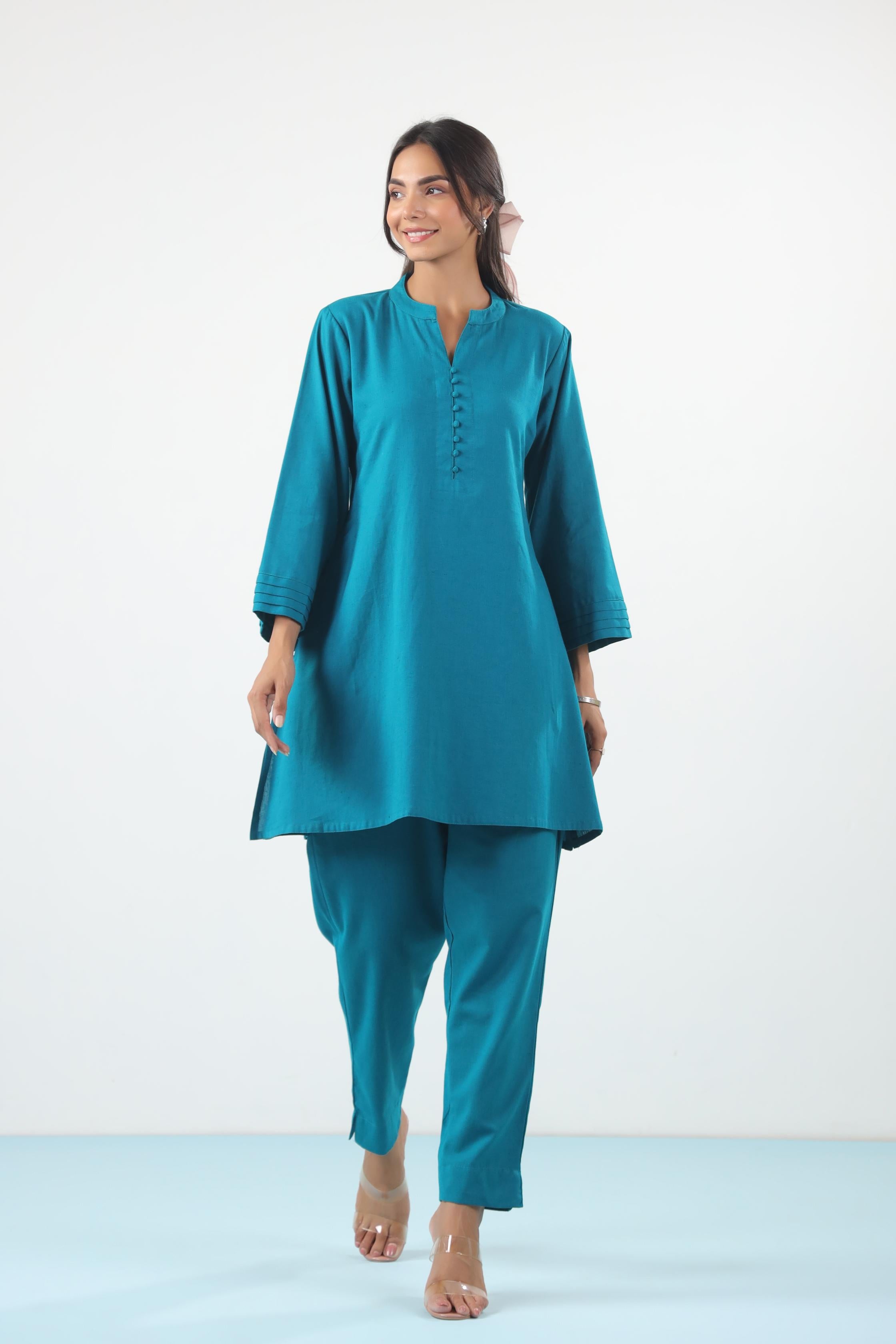 Blue Solid Cotton Flex Co-ord Set