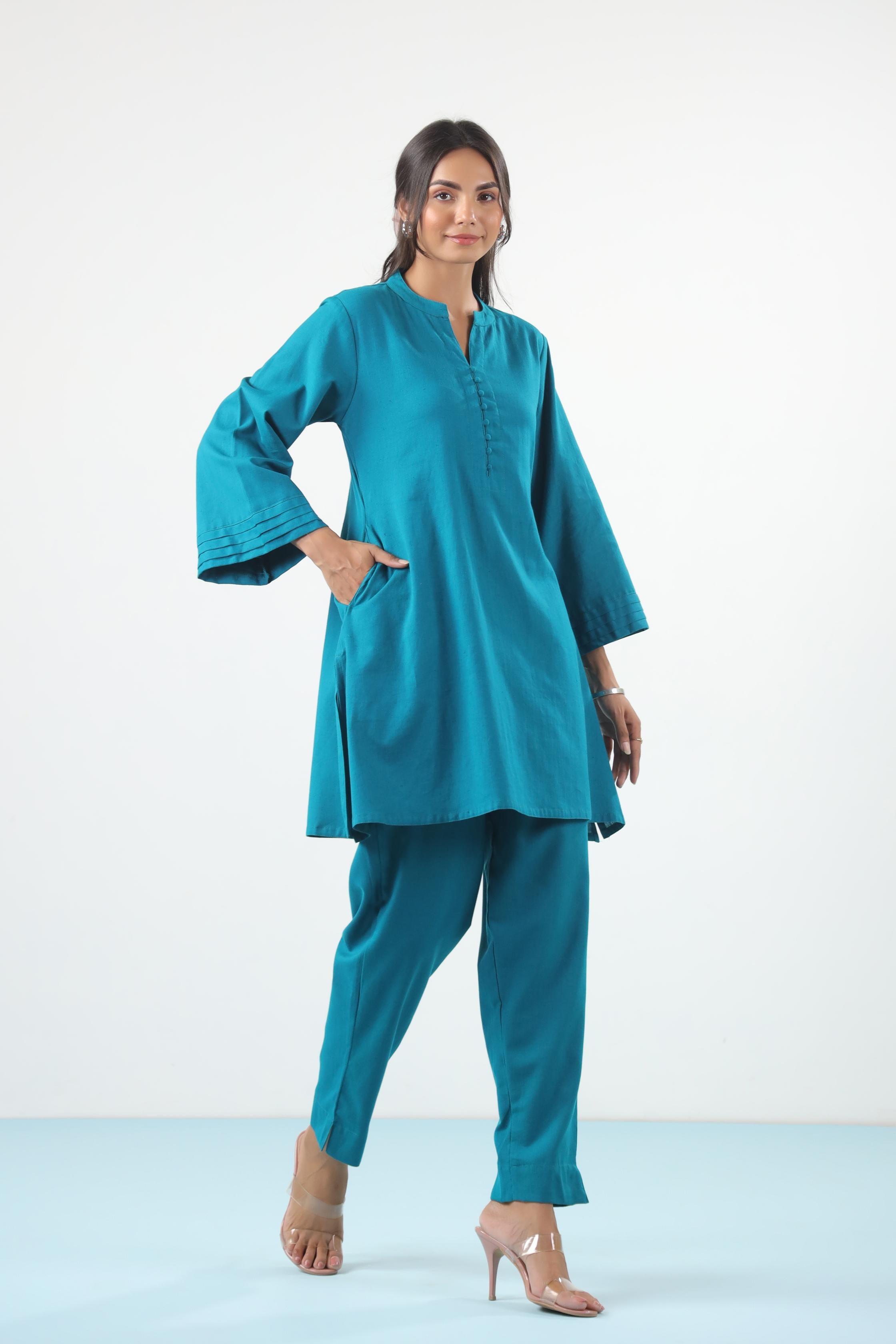 Blue Solid Cotton Flex Co-ord Set