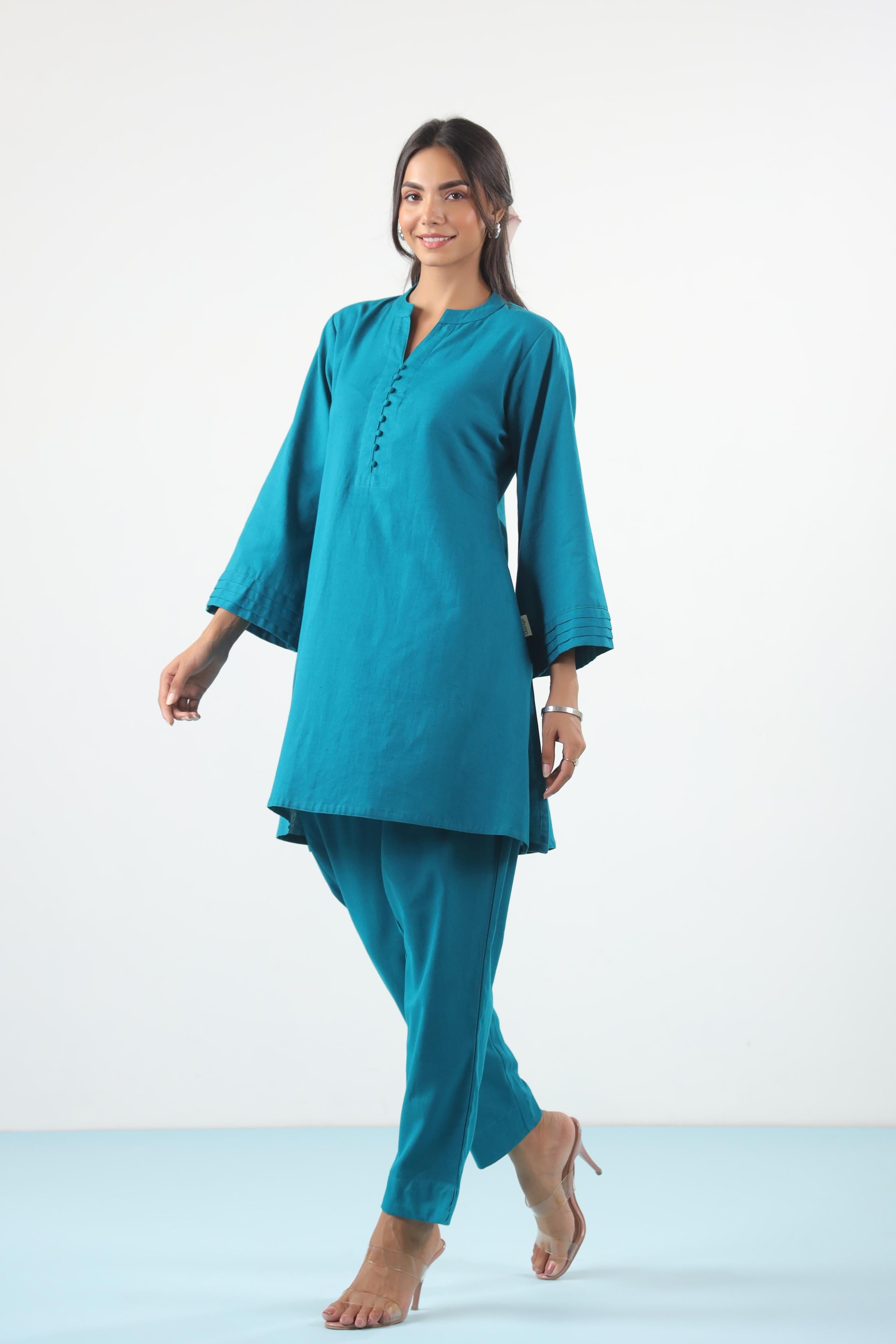 Blue Solid Cotton Flex Co-ord Set