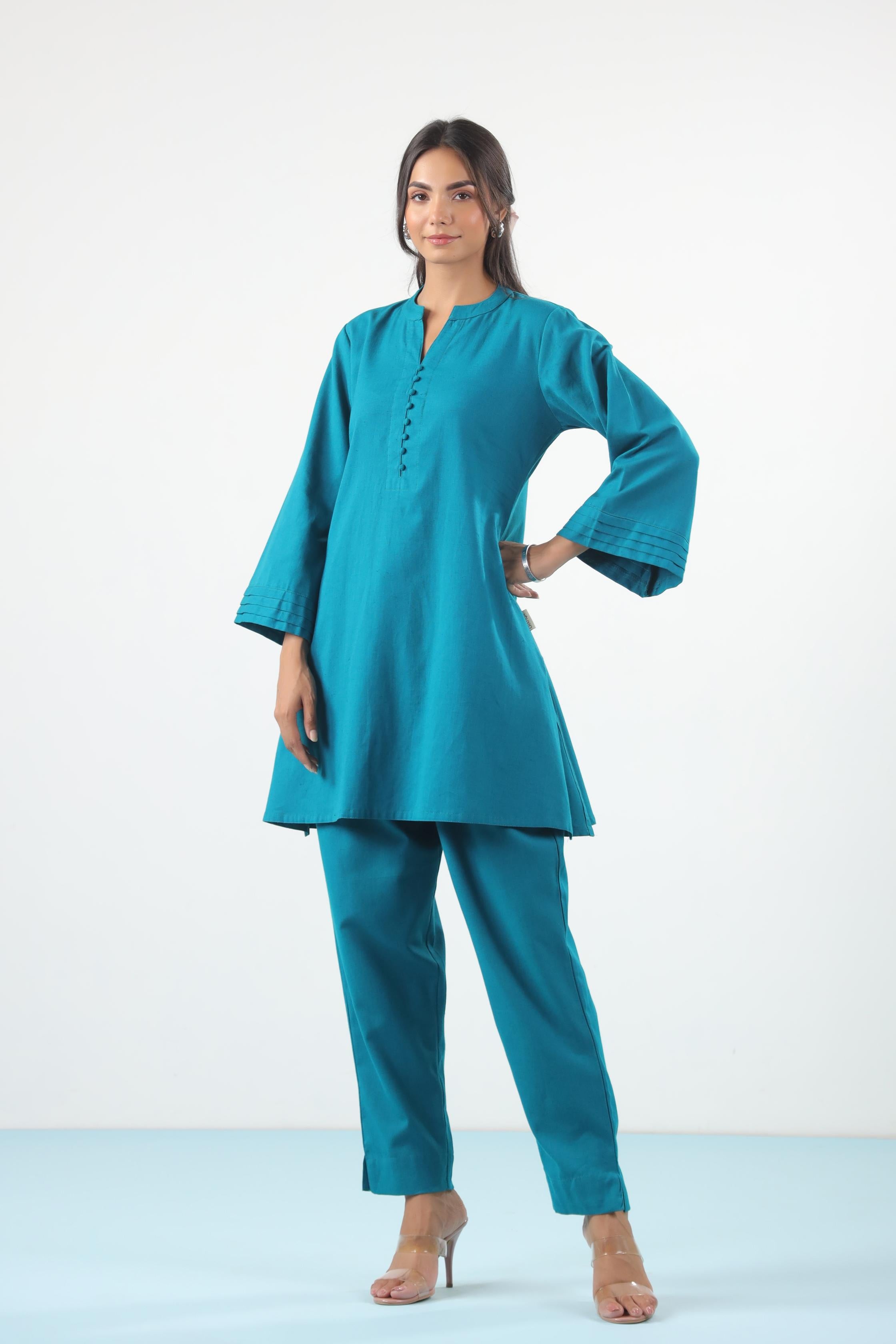 Blue Solid Cotton Flex Co-ord Set