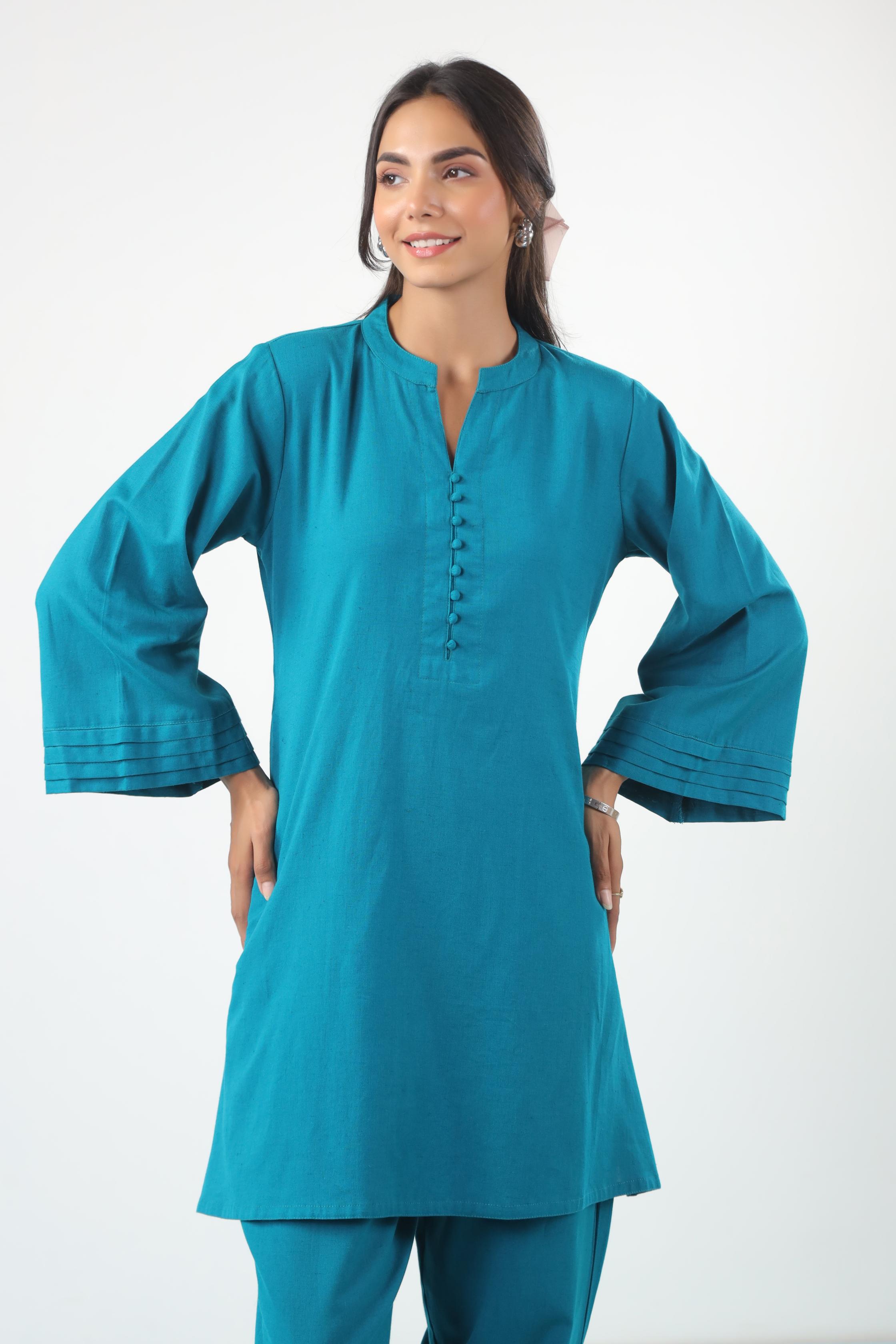 Blue Solid Cotton Flex Co-ord Set