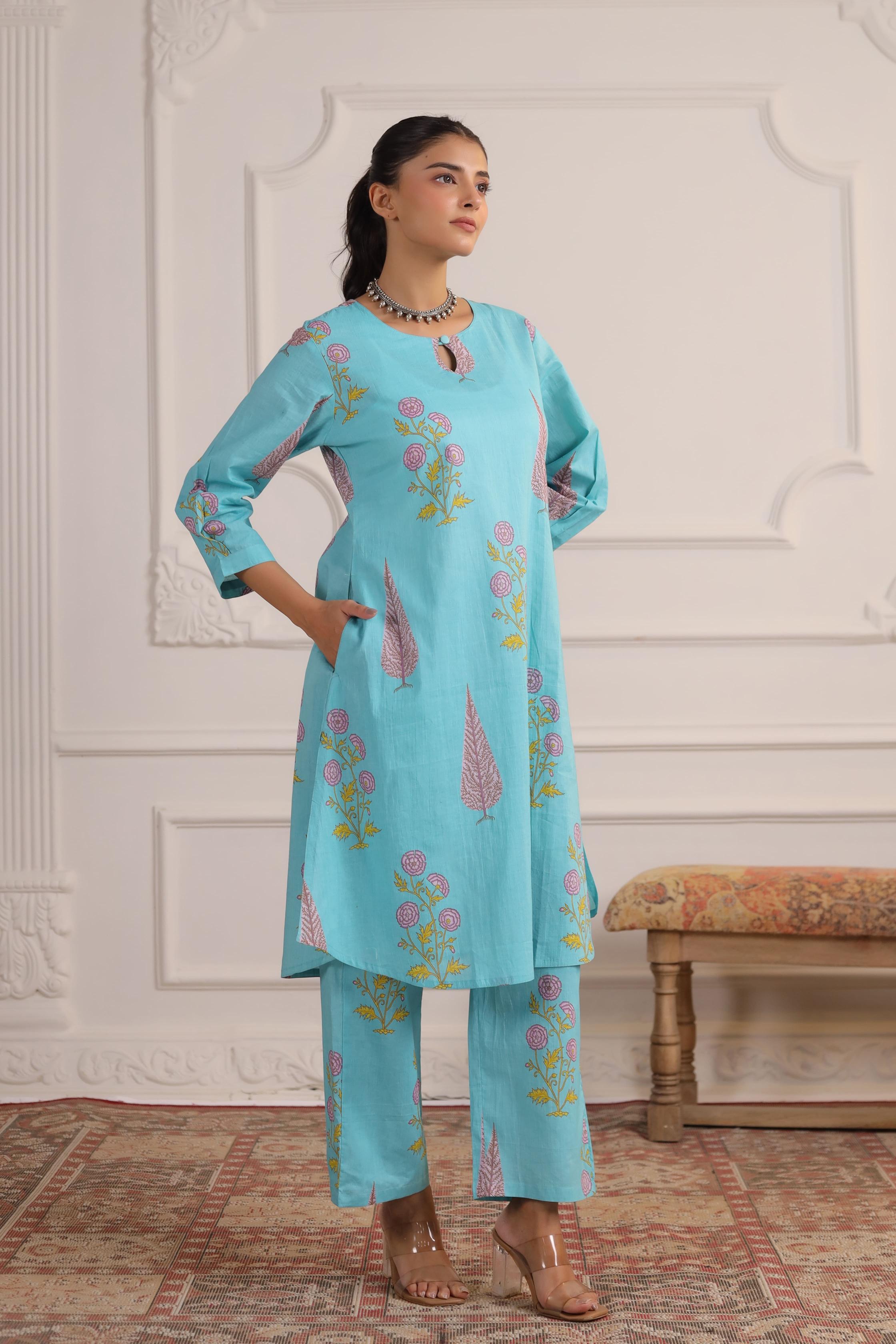 Middle Blue Mughal Boota Cotton Co-ord Set