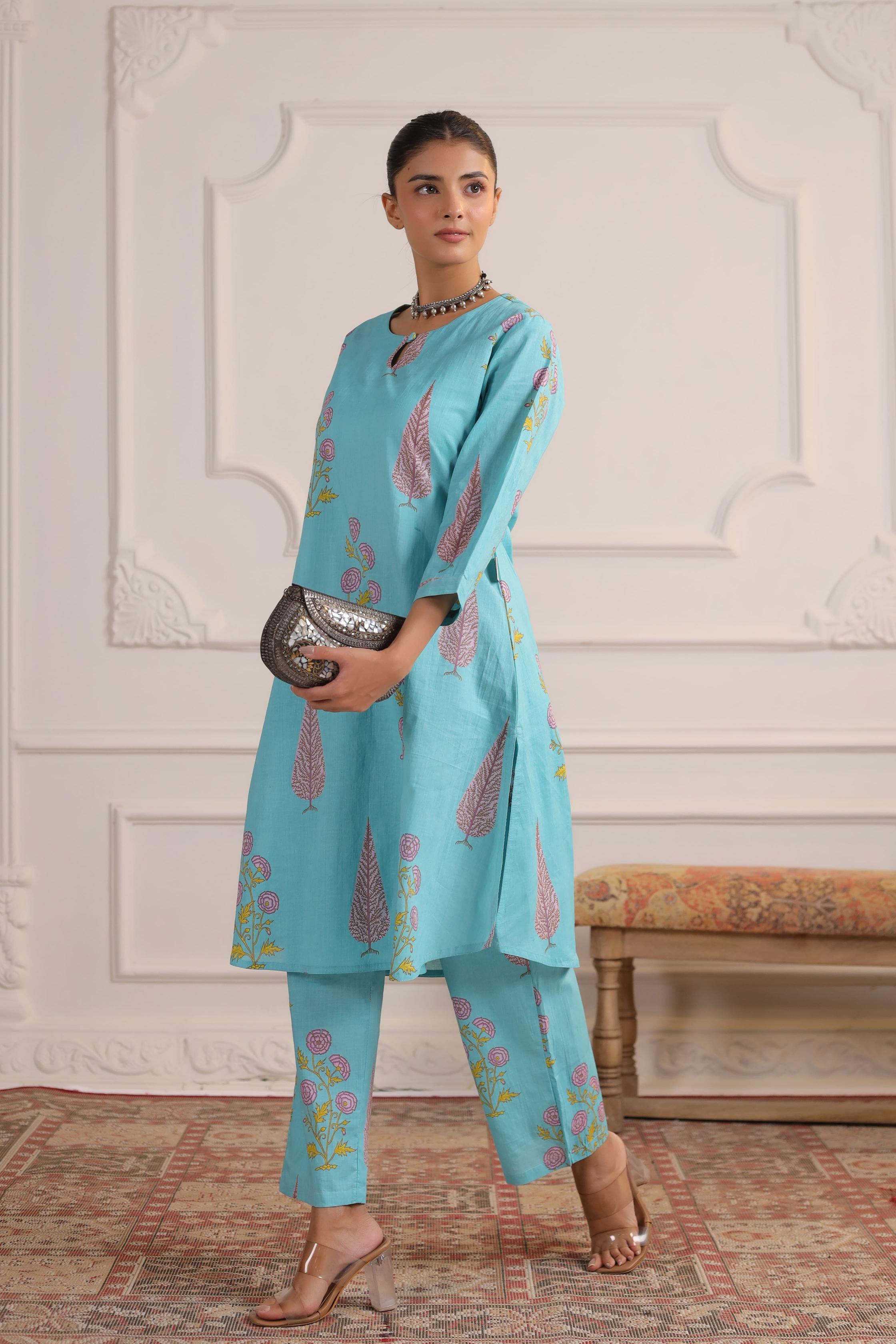 Middle Blue Mughal Boota Cotton Co-ord Set