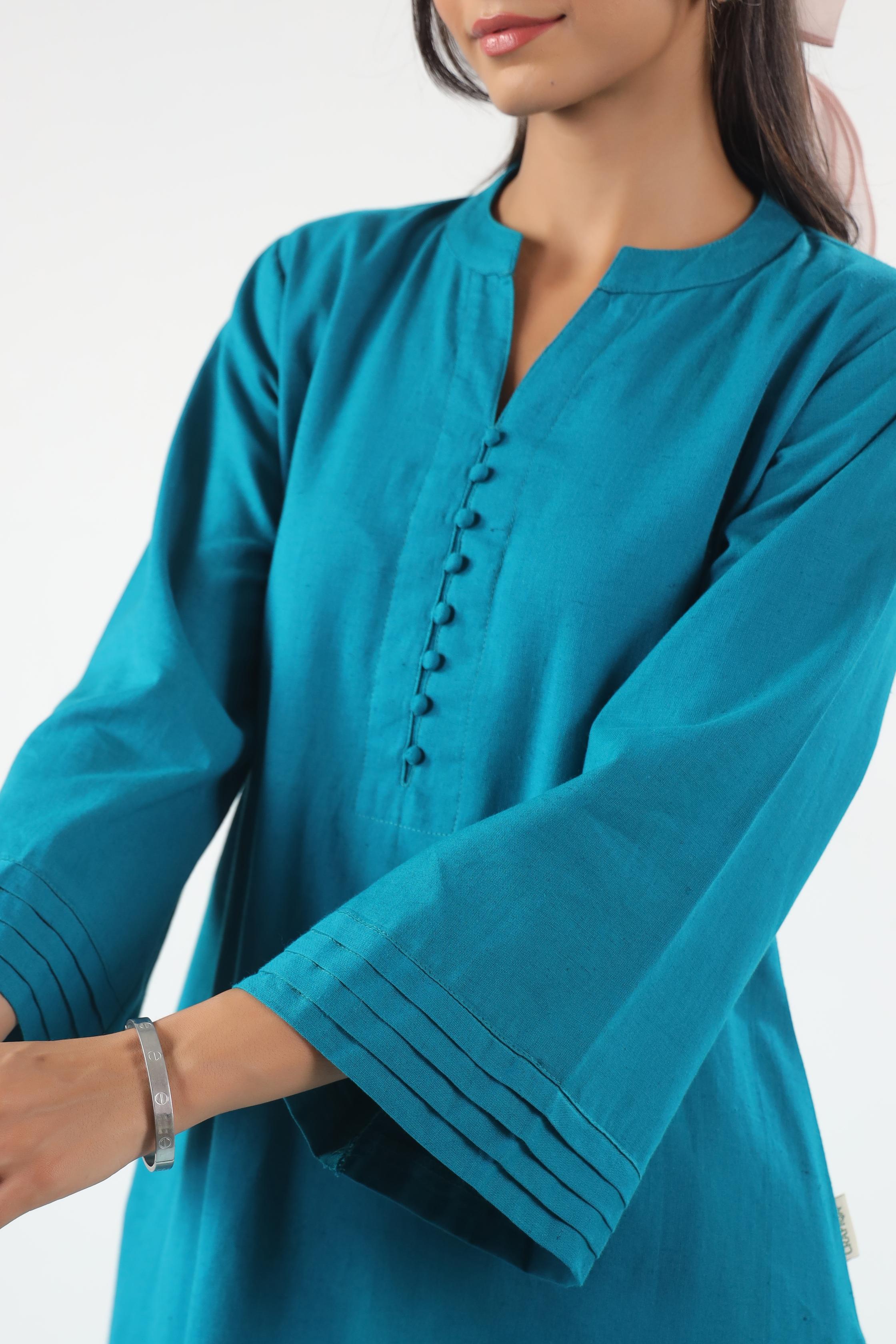 Blue Solid Cotton Flex Co-ord Set