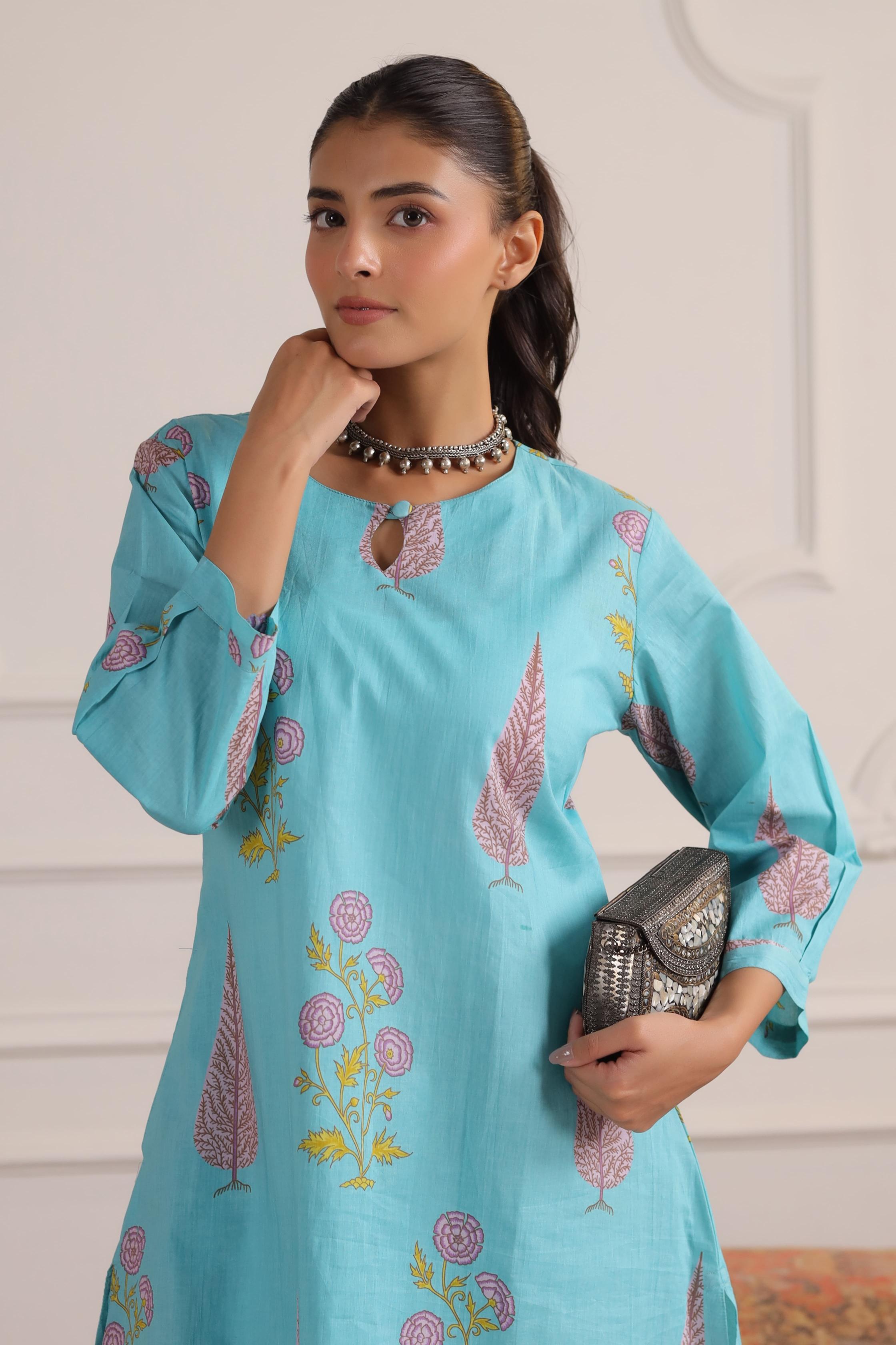 Middle Blue Mughal Boota Cotton Co-ord Set