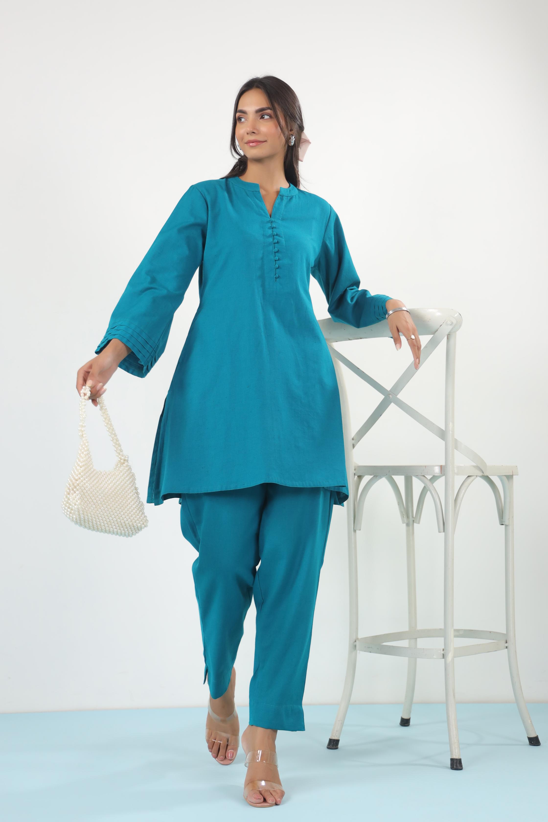 Blue Solid Cotton Flex Co-ord Set