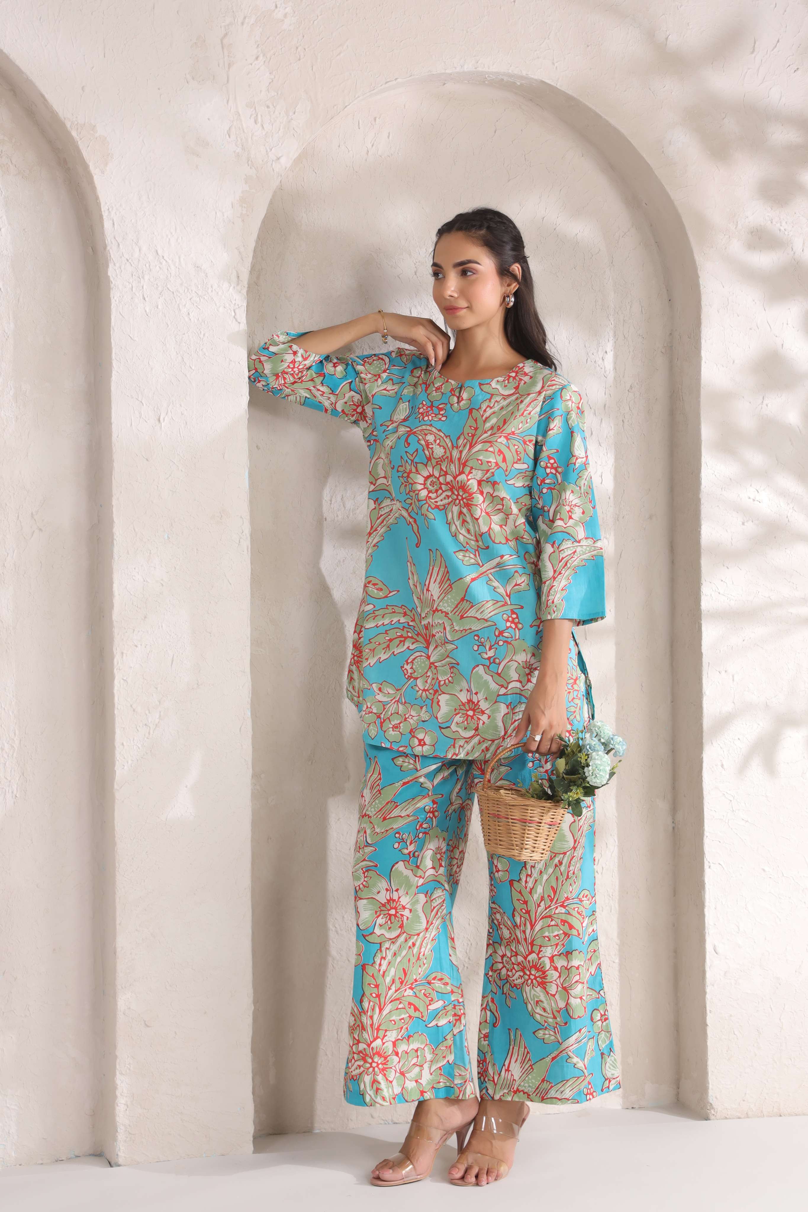 Tropical Blue Floral Cotton Co-ord Set