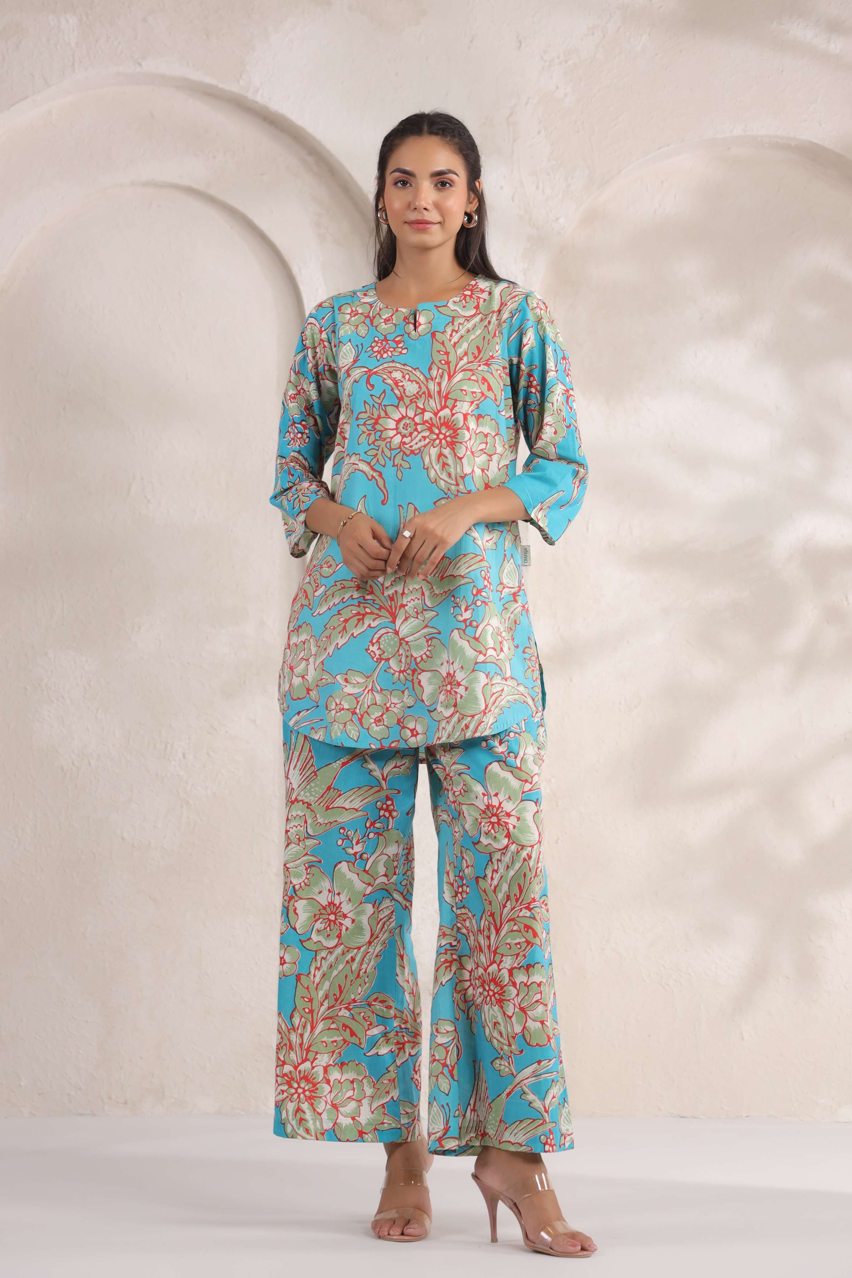 Tropical Blue Floral Cotton Co-ord Set