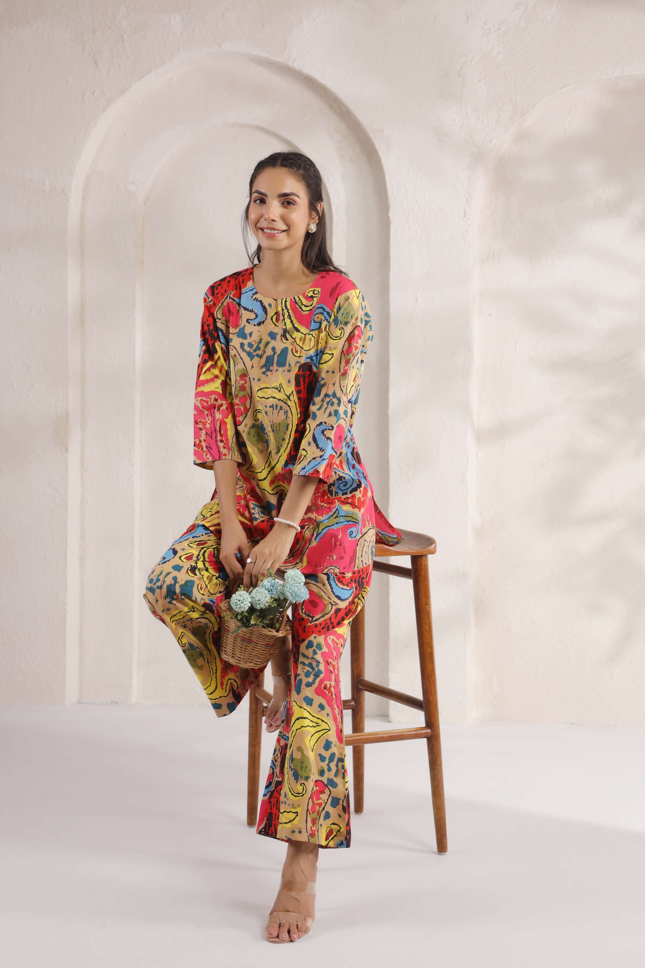 Abstract Jaal on Beige Cotton Co-ord Set