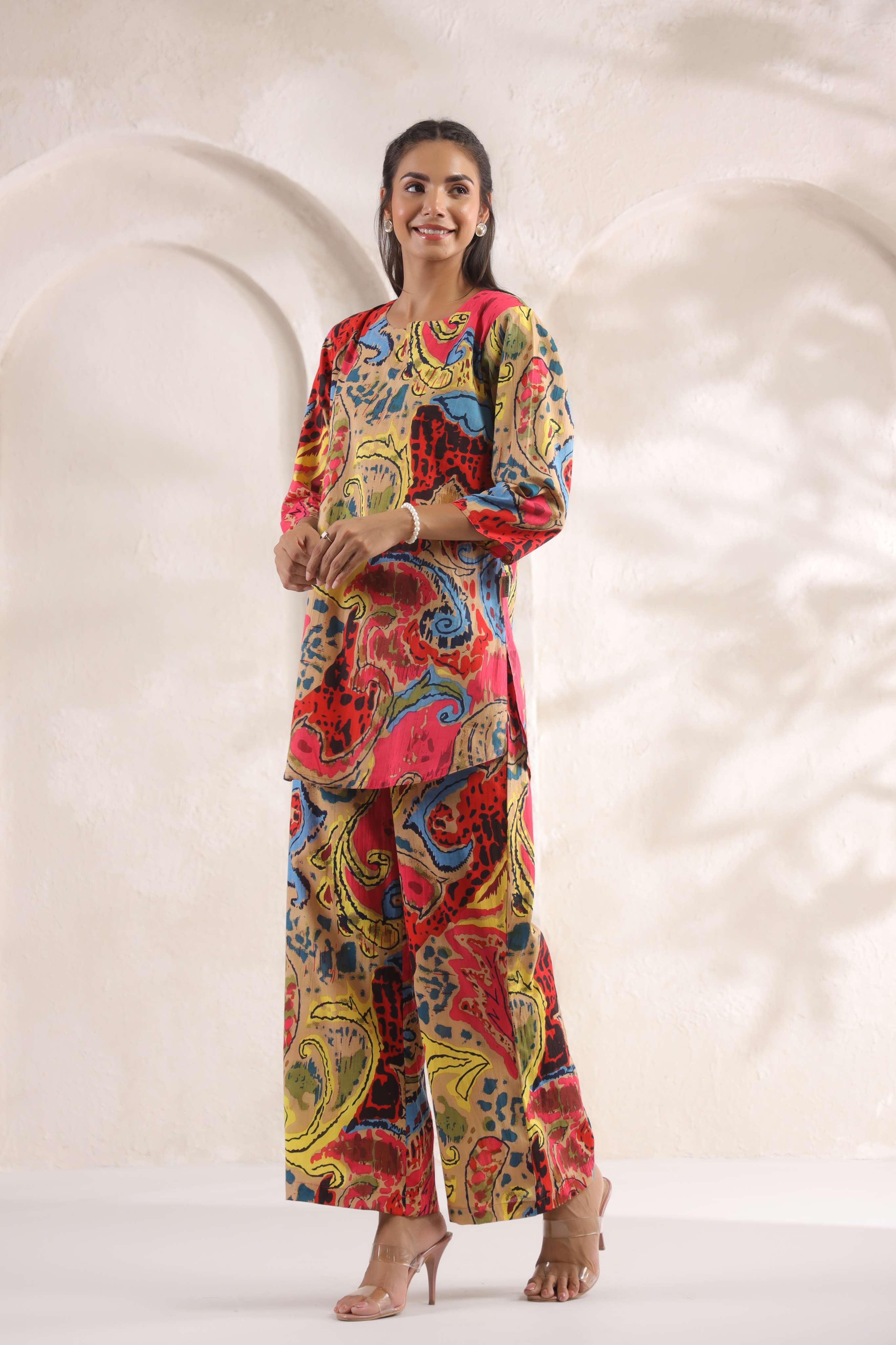 Abstract Jaal on Beige Cotton Co-ord Set