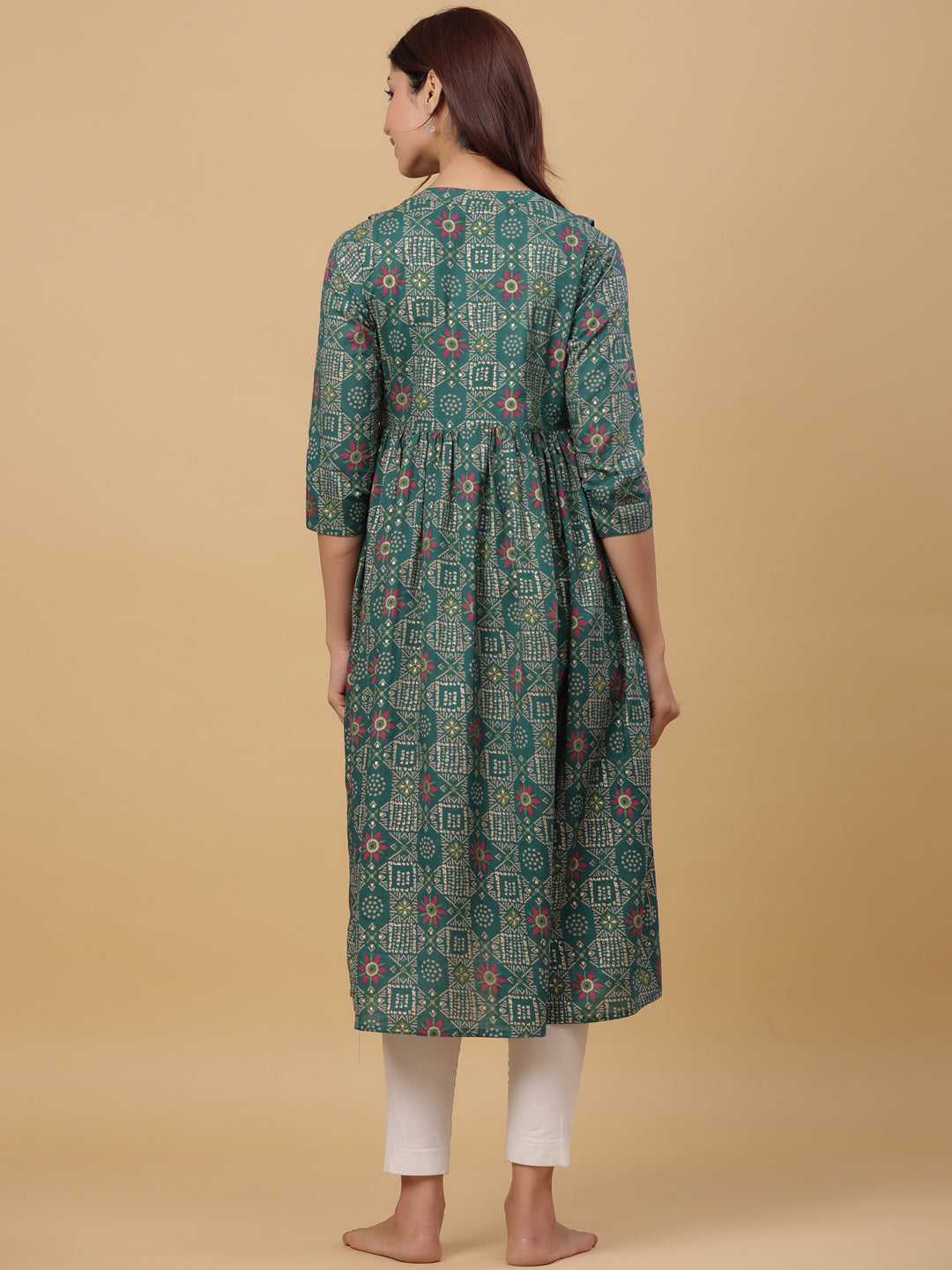 Emerald Gold Motifs Cotton Maternity - Nursing Kurta