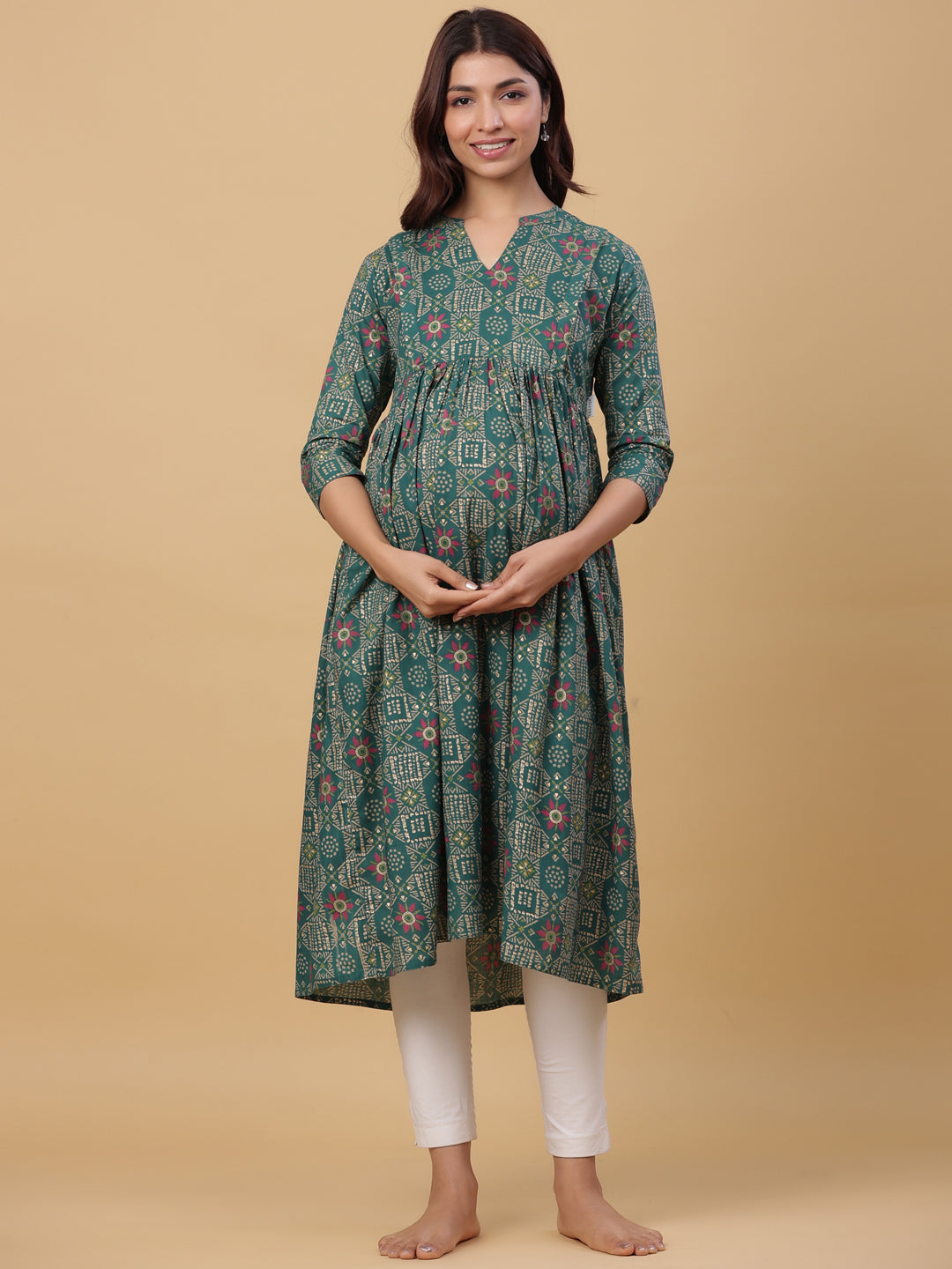 Emerald Gold Motifs Cotton Maternity - Nursing Kurta