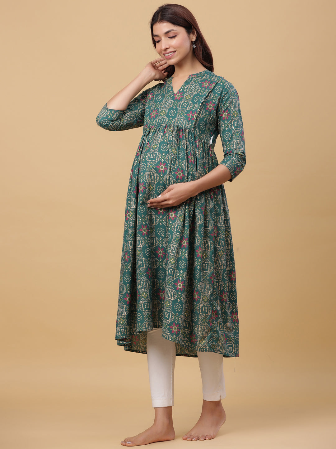 Emerald Gold Motifs Cotton Maternity - Nursing Kurta