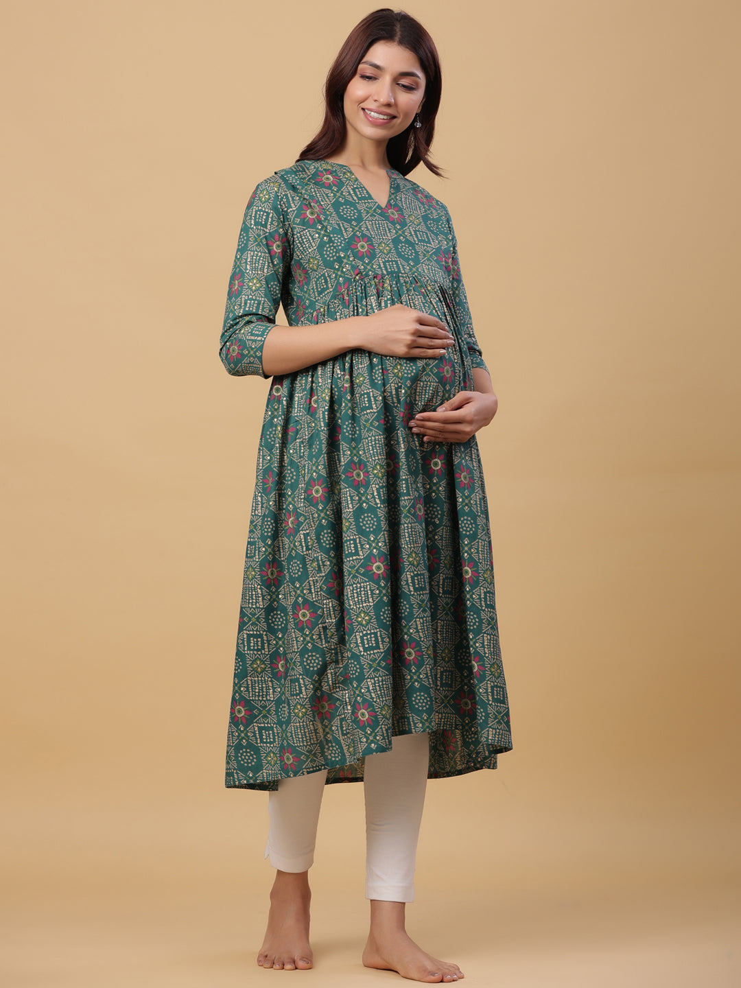 Emerald Gold Motifs Cotton Maternity - Nursing Kurta