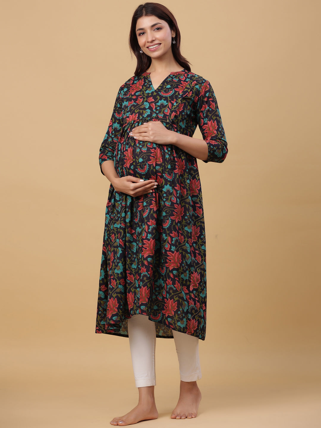 Prismatic Floral Cotton Maternity - Nursing Kurta