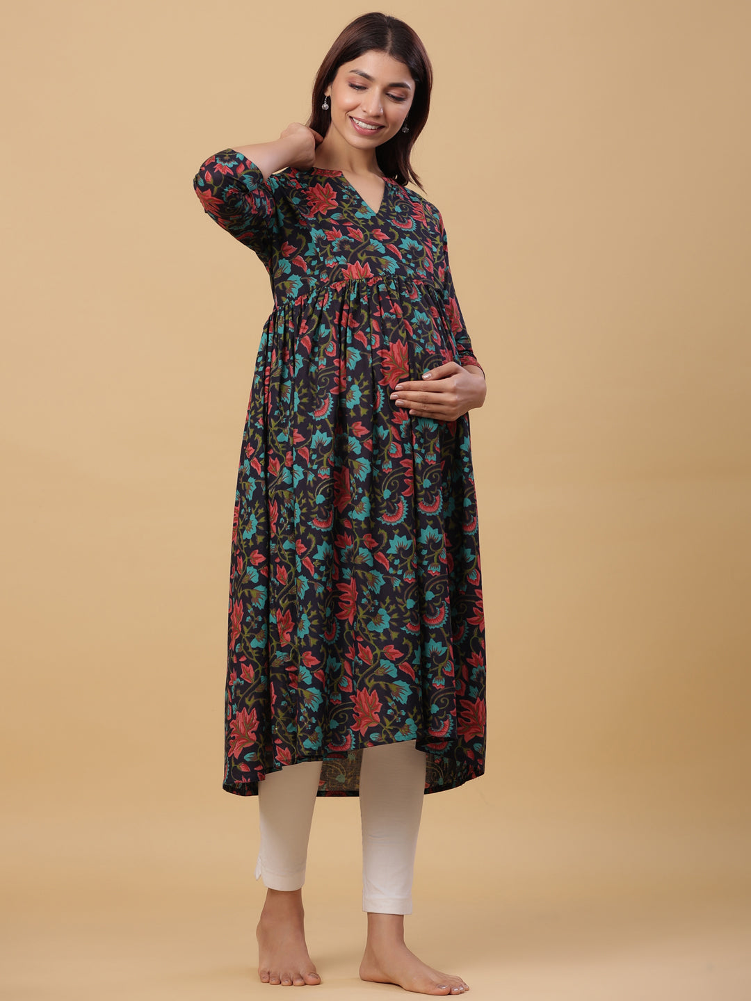 Prismatic Floral Cotton Maternity - Nursing Kurta