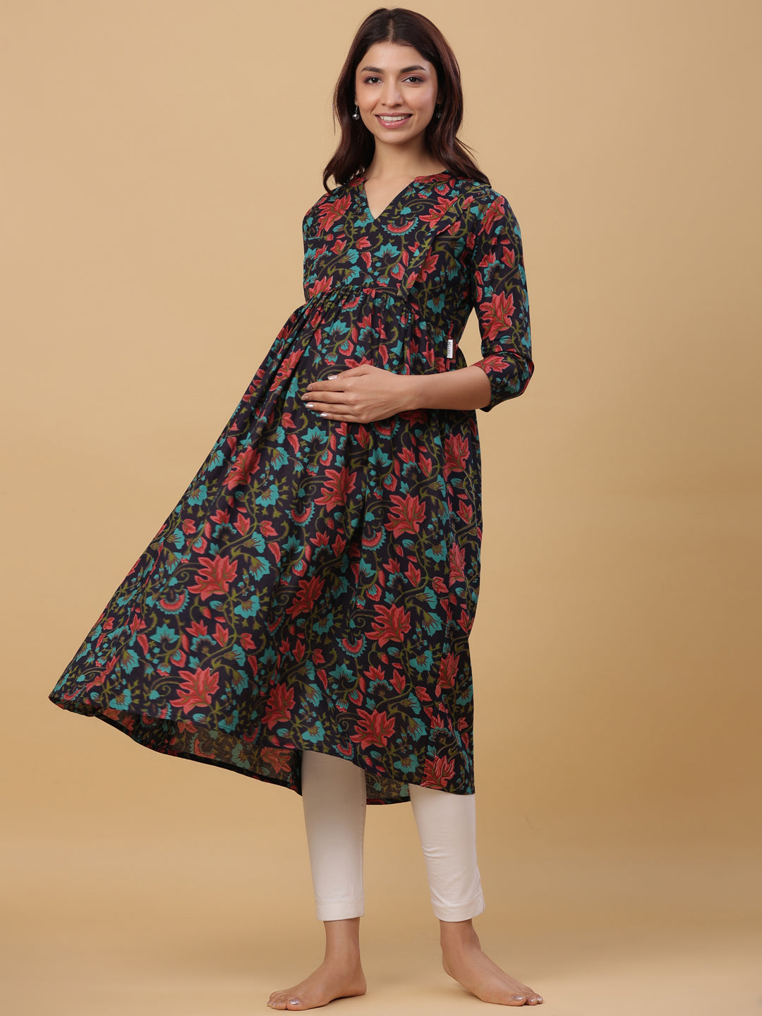Prismatic Floral Cotton Maternity - Nursing Kurta