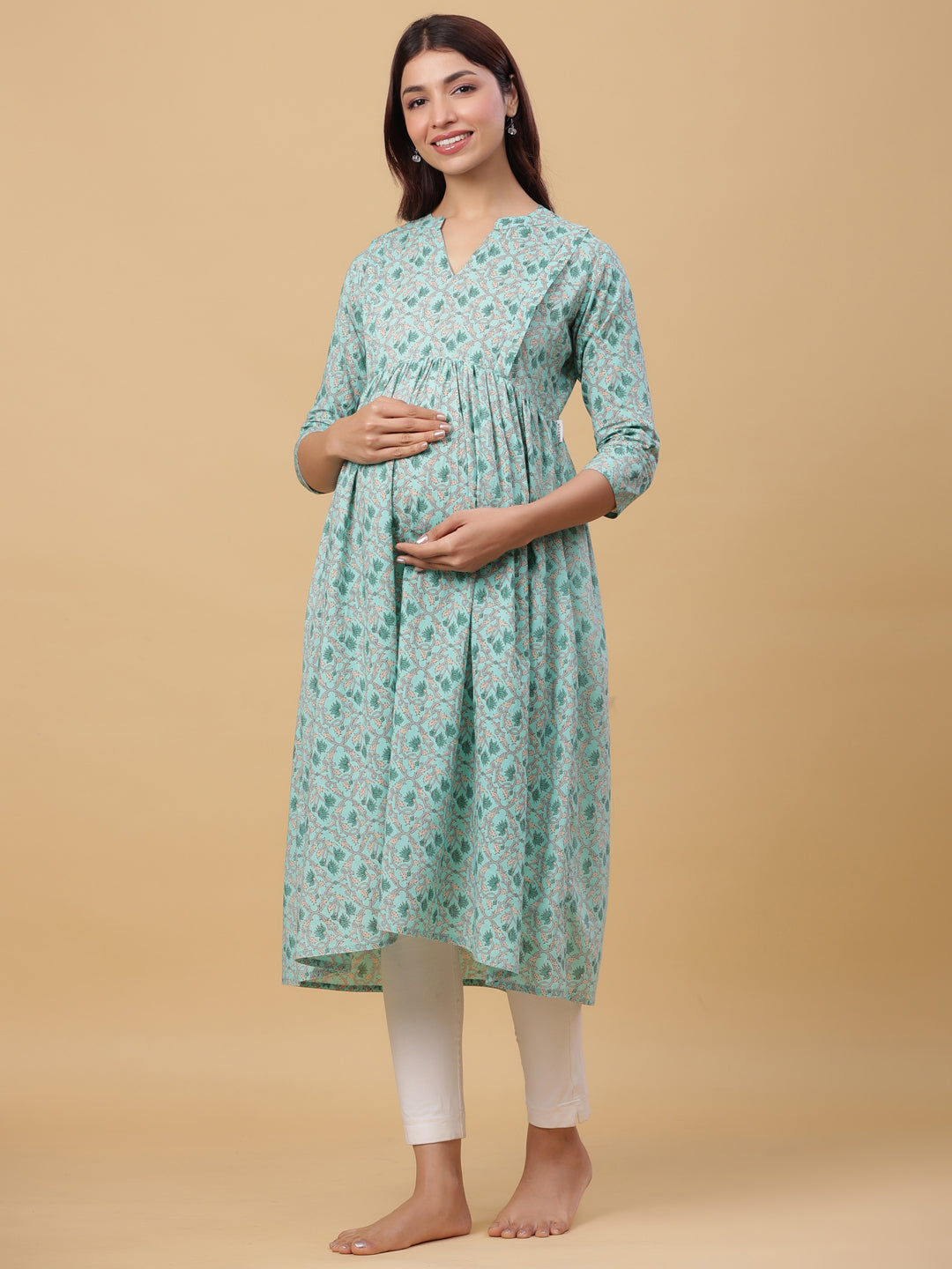 Powder Blue Jaal Cotton Maternity - Nursing Kurta