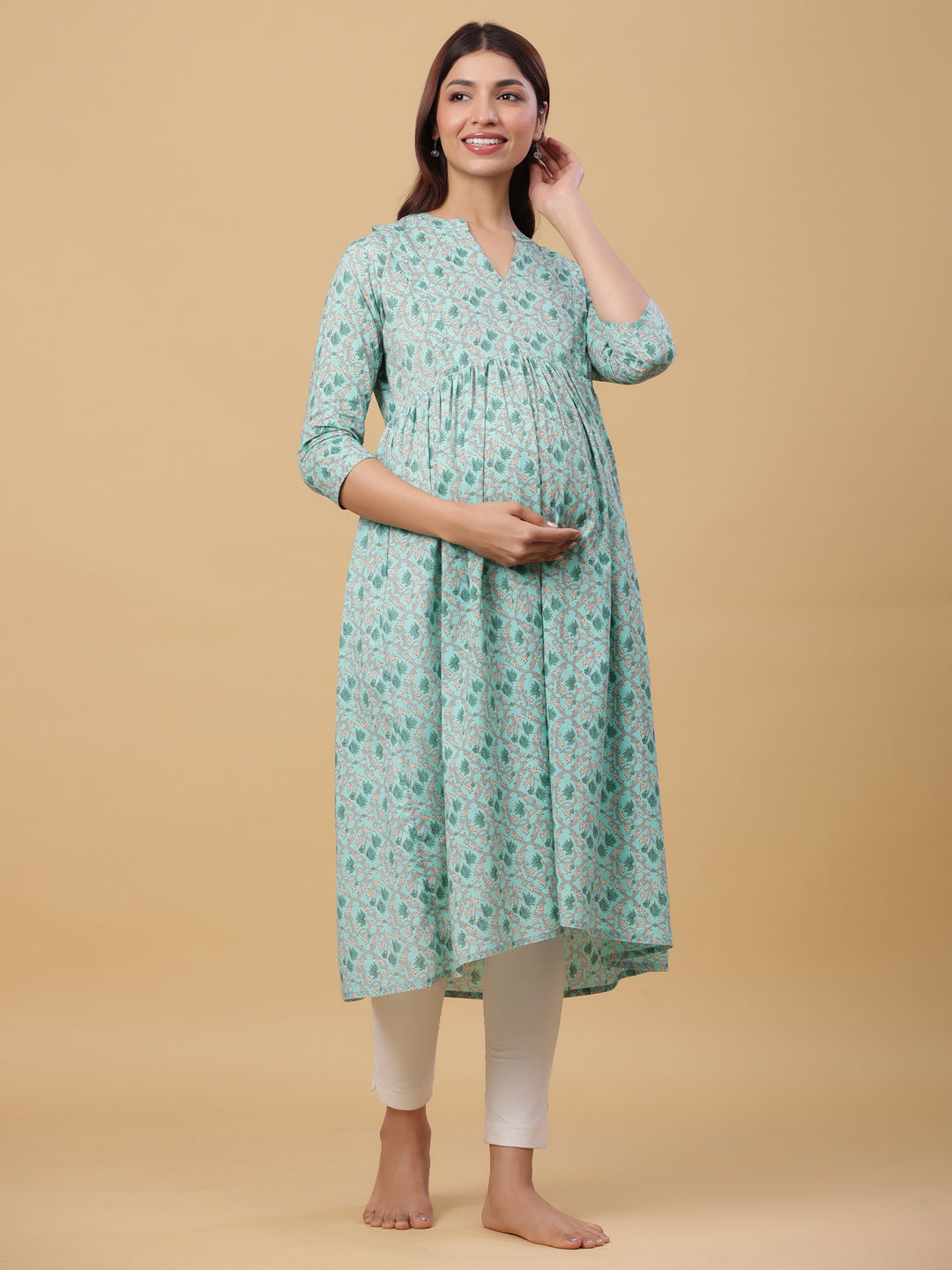 Powder Blue Jaal Cotton Maternity - Nursing Kurta