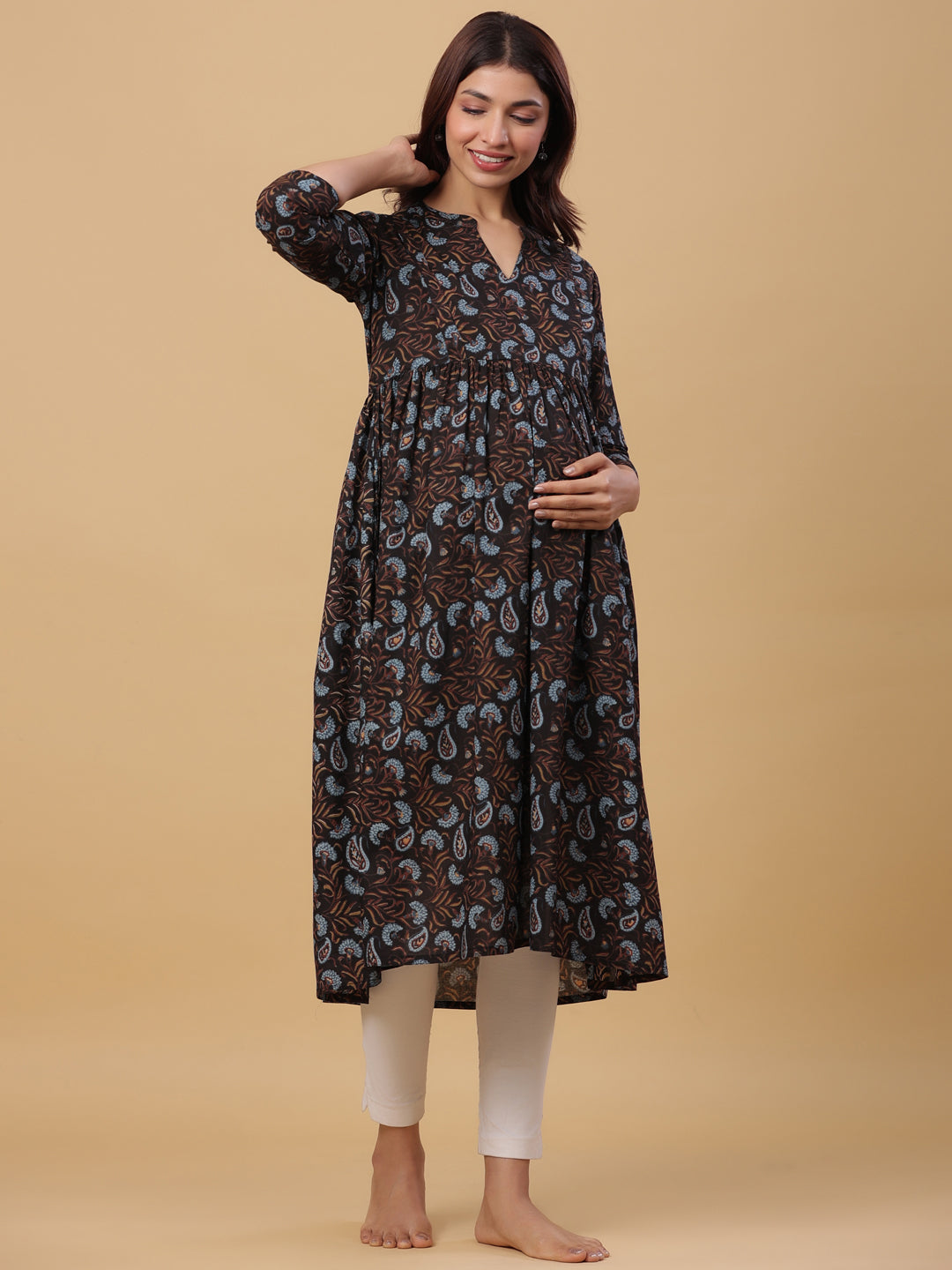 Black Mist Cotton Maternity - Nursing Kurta