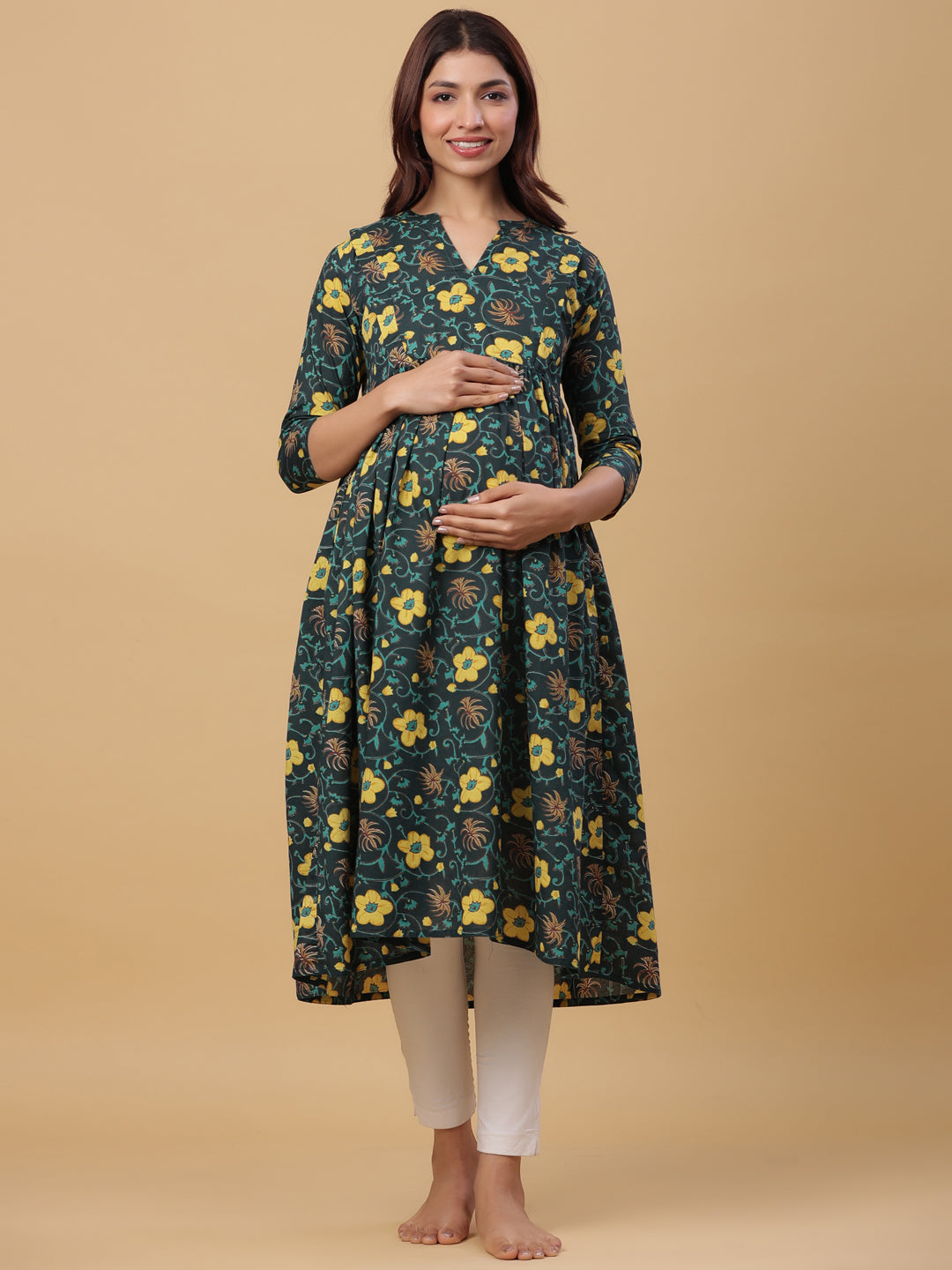 Blossom Green Cotton Maternity - Nursing Kurta