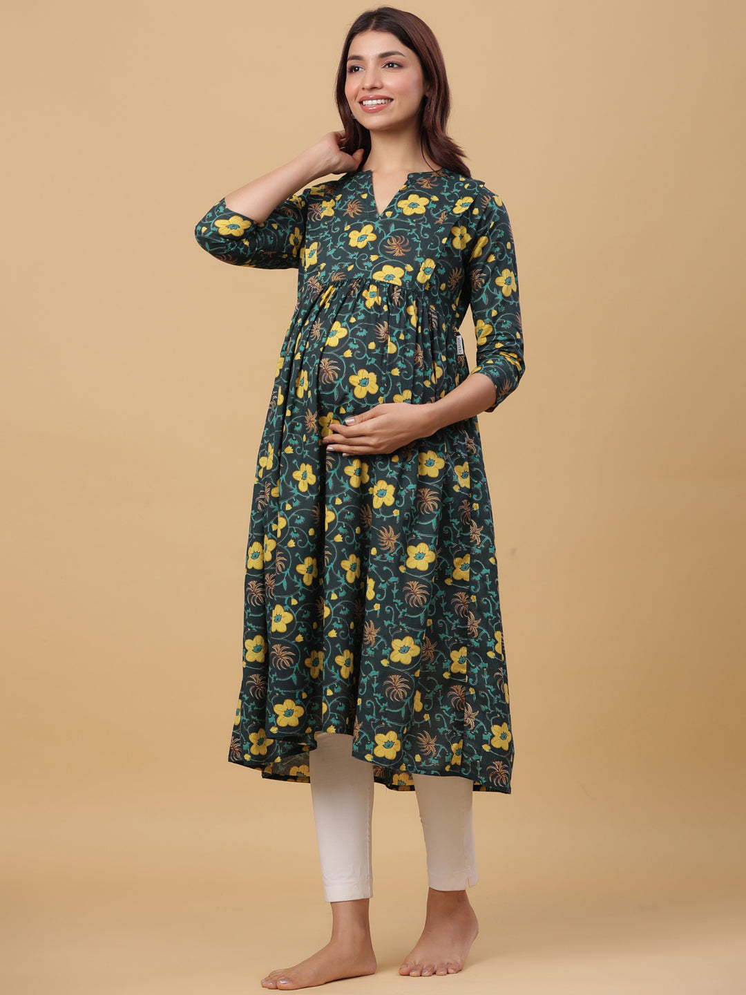Blossom Green Cotton Maternity - Nursing Kurta