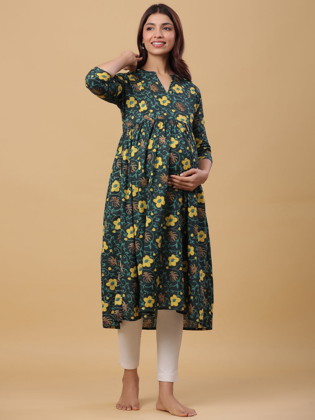 Blossom Green Cotton Maternity - Nursing Kurta