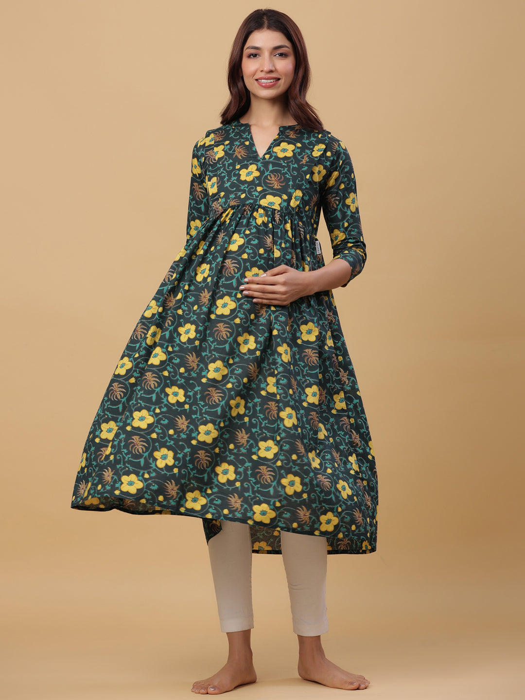 Blossom Green Cotton Maternity - Nursing Kurta