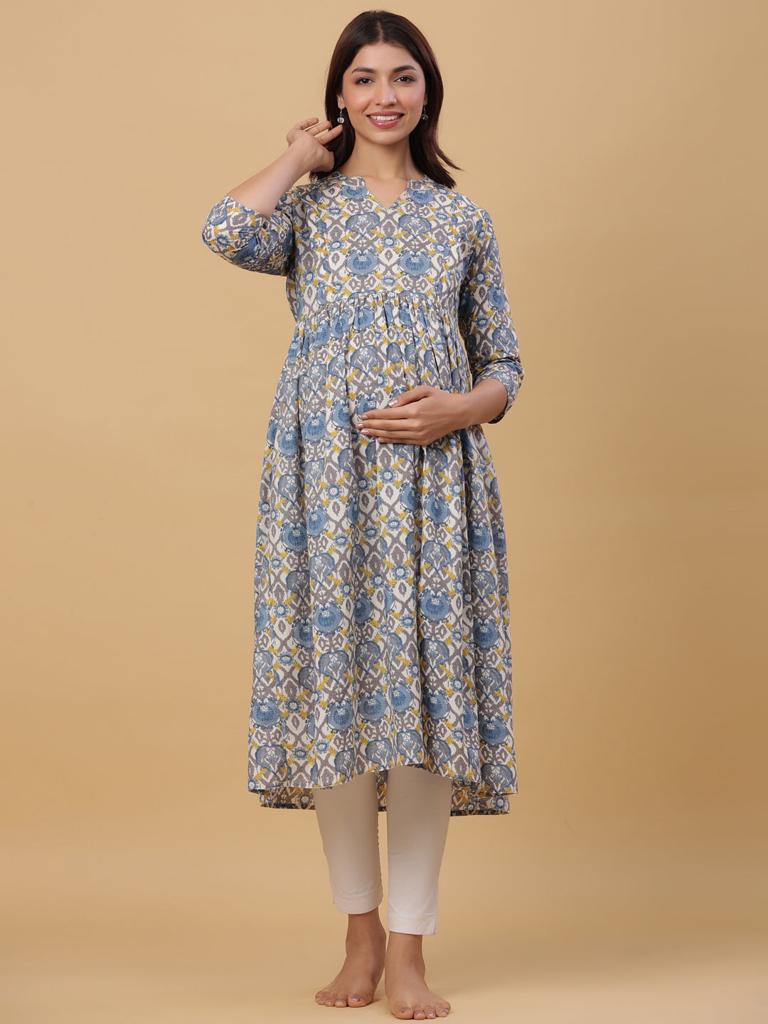 Ice Blue Cotton Maternity - Nursing Kurta
