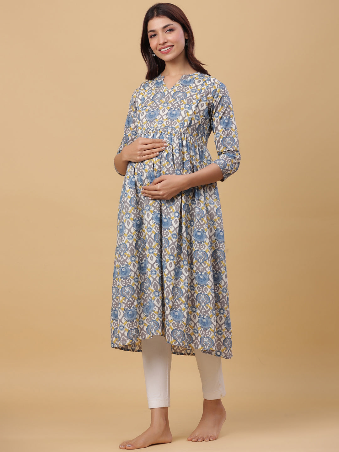 Ice Blue Cotton Maternity - Nursing Kurta
