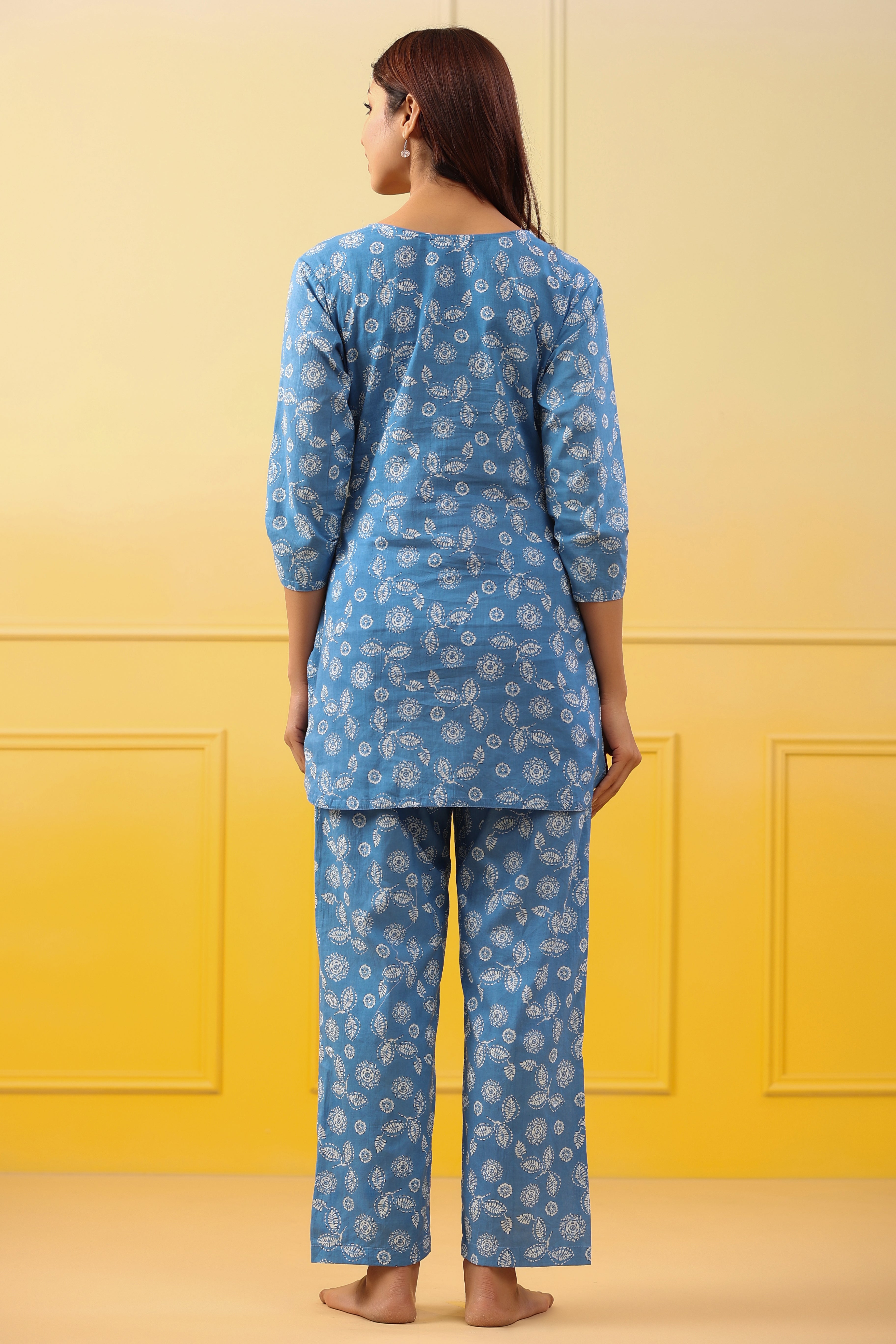 Maya Blue Leaf Cotton Maternity - Nursing Co-ord Set