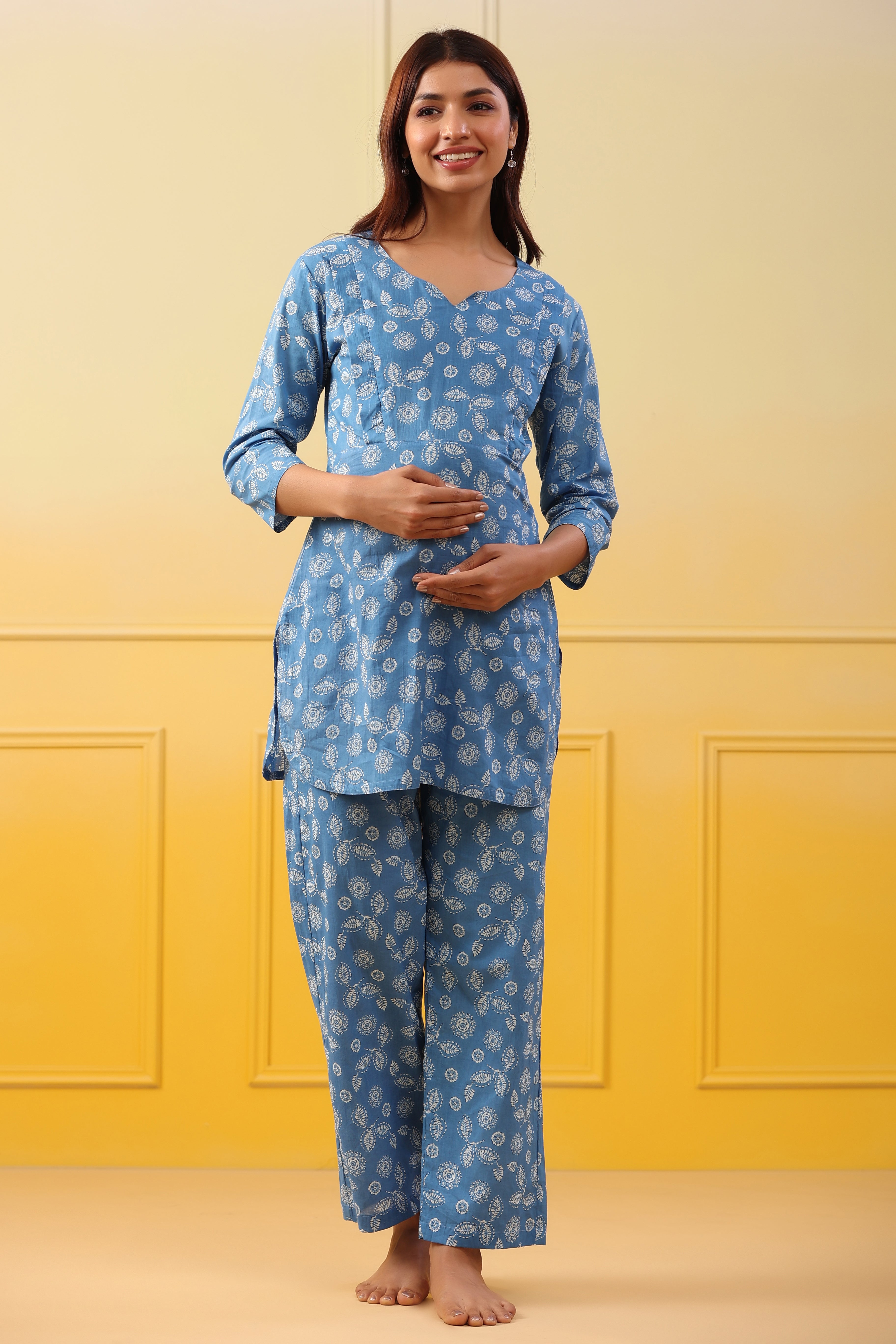 Maya Blue Leaf Cotton Maternity - Nursing Co-ord Set