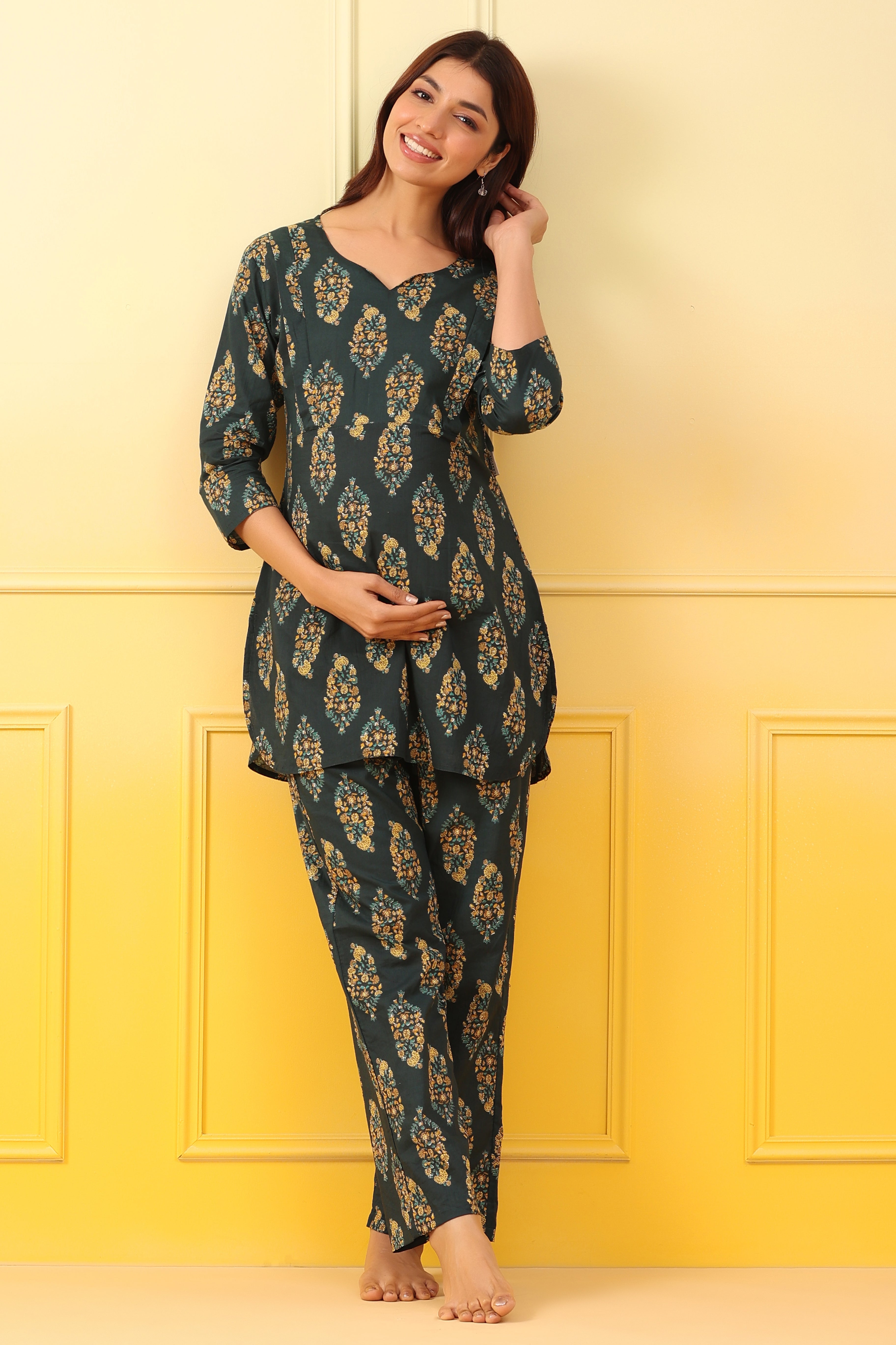 Opal Green Boota Cotton Maternity - Nursing Co-ord Set