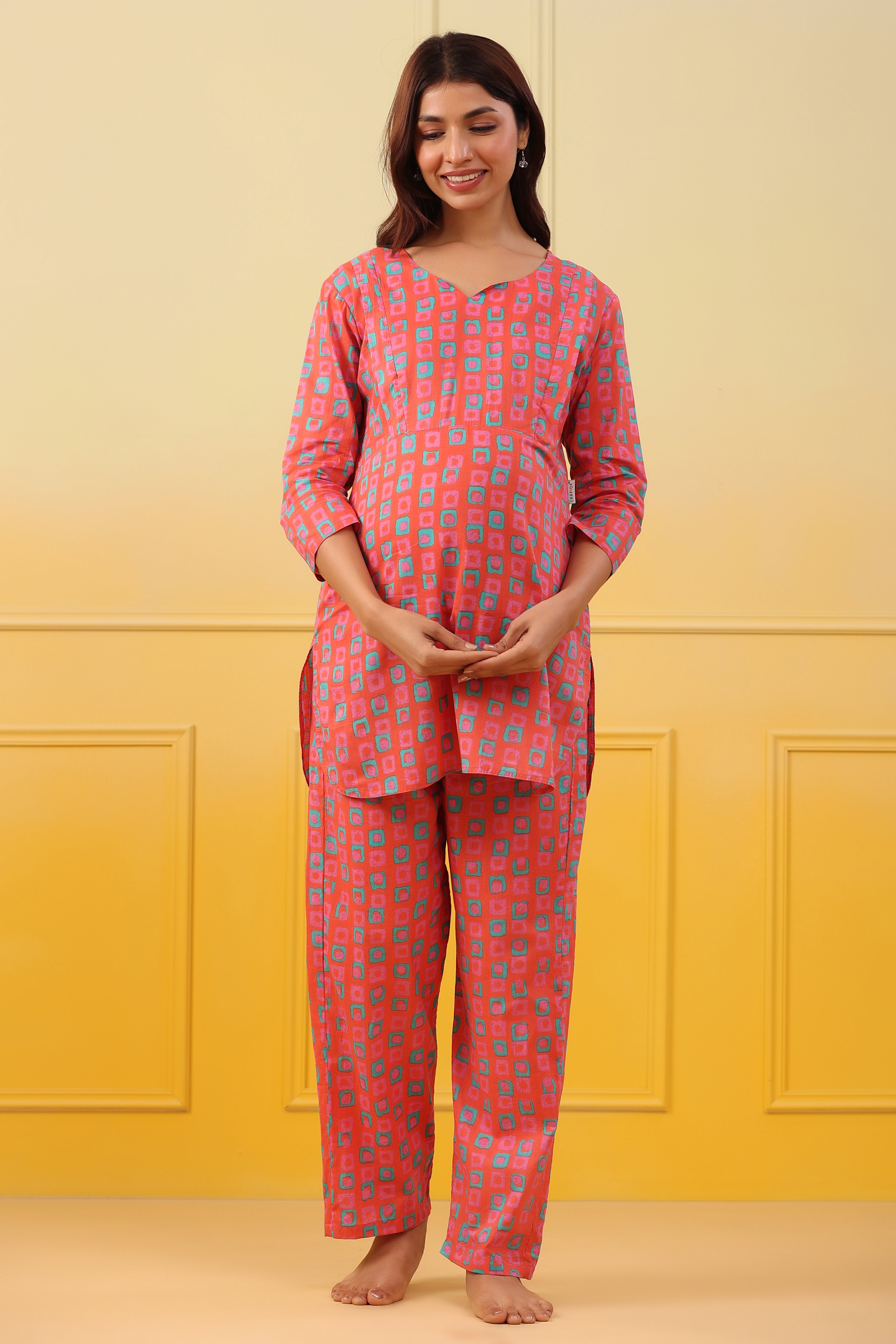 Pink Punch Abstract Cotton Maternity - Nursing Co-ord Set