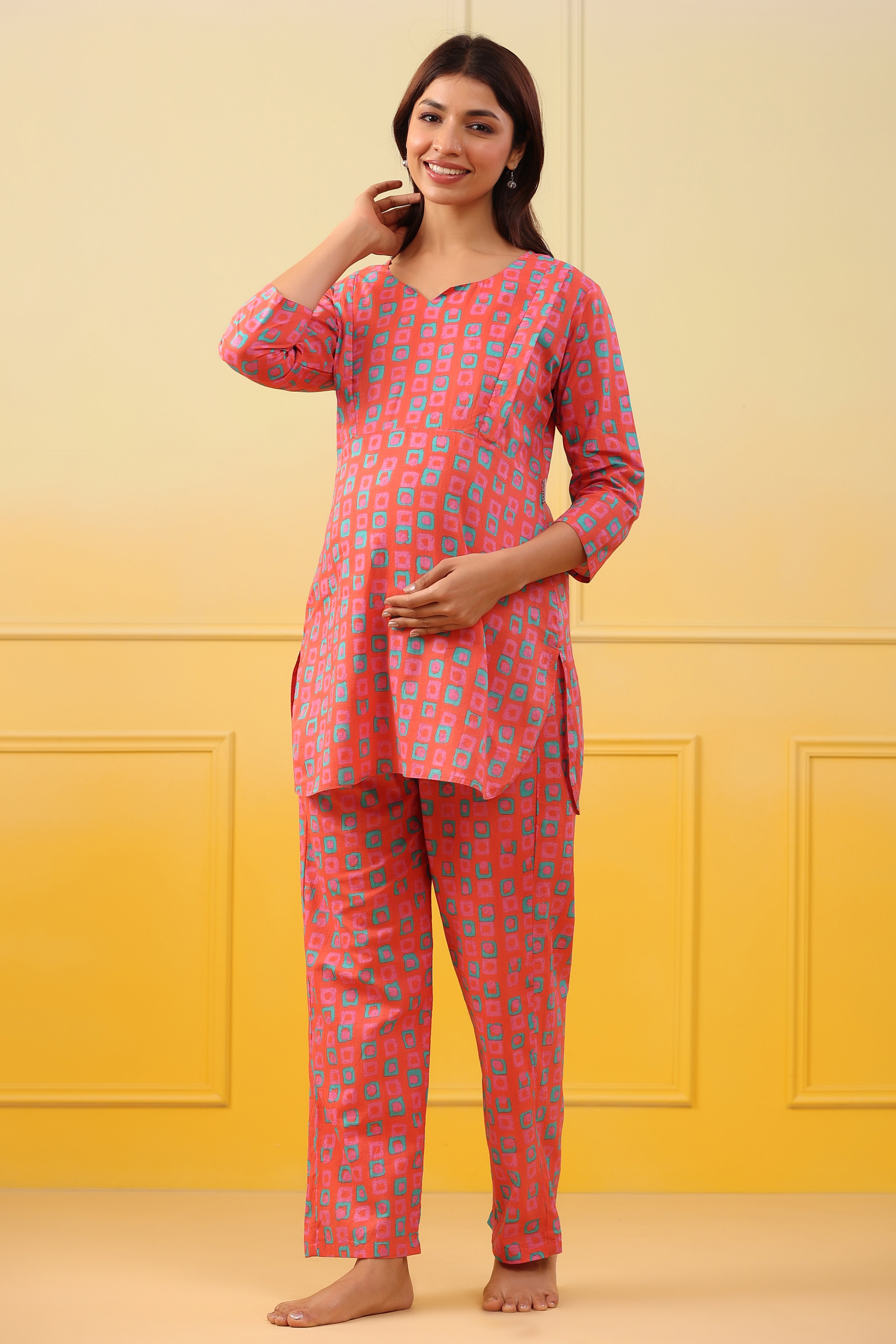 Pink Punch Abstract Cotton Maternity - Nursing Co-ord Set