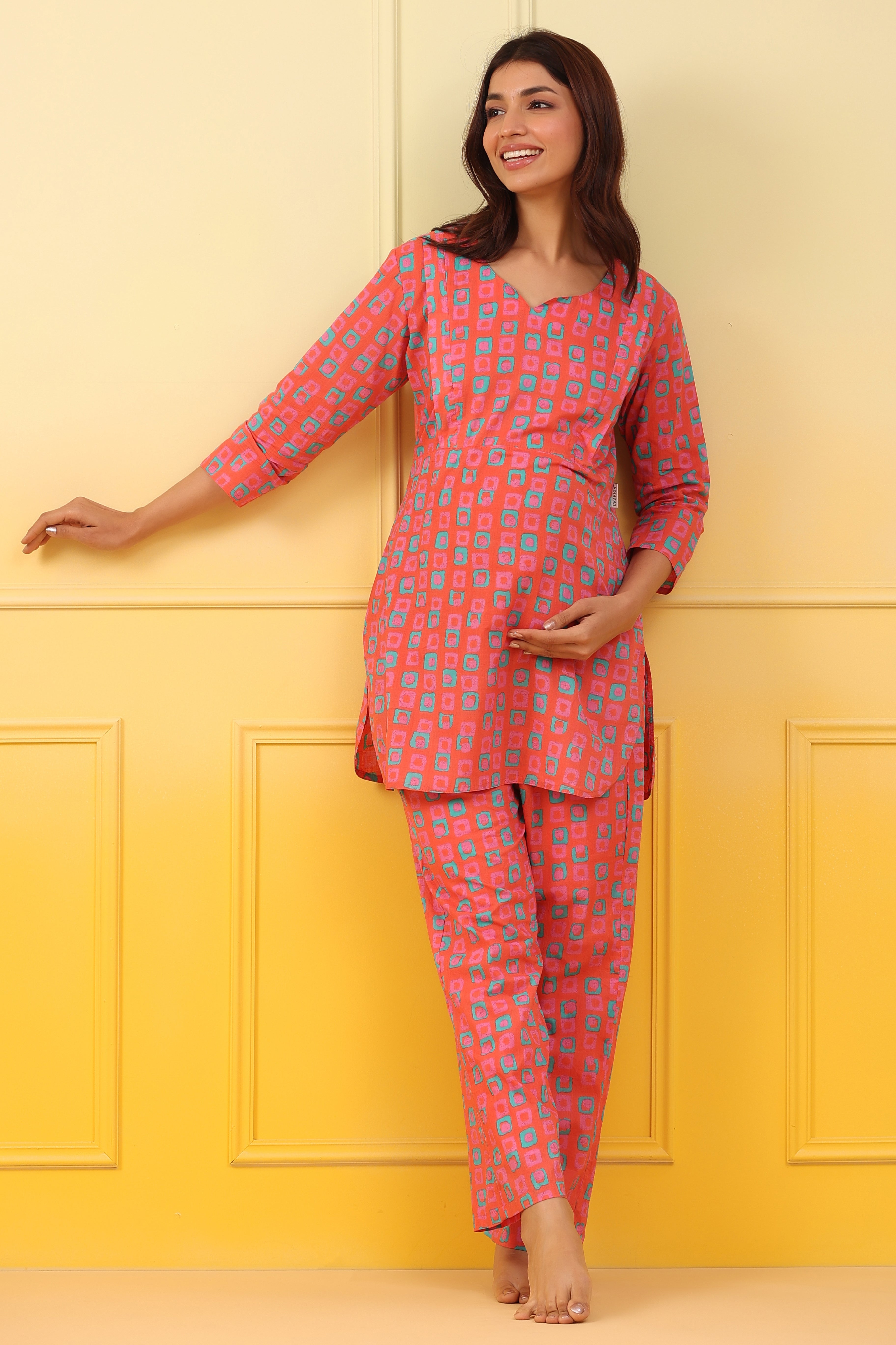 Pink Punch Abstract Cotton Maternity - Nursing Co-ord Set