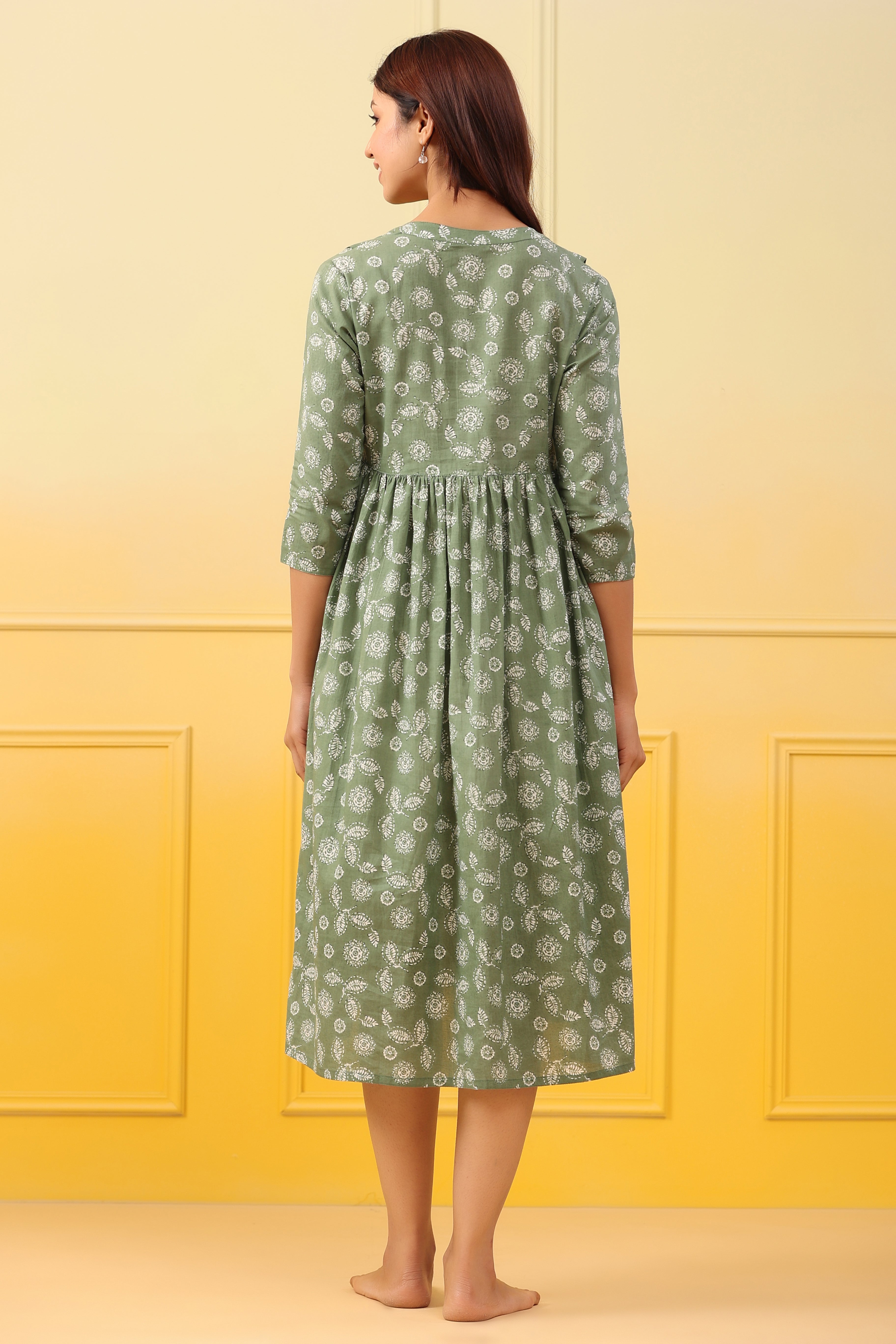 Sage Leaf Cotton Maternity - Nursing Dress