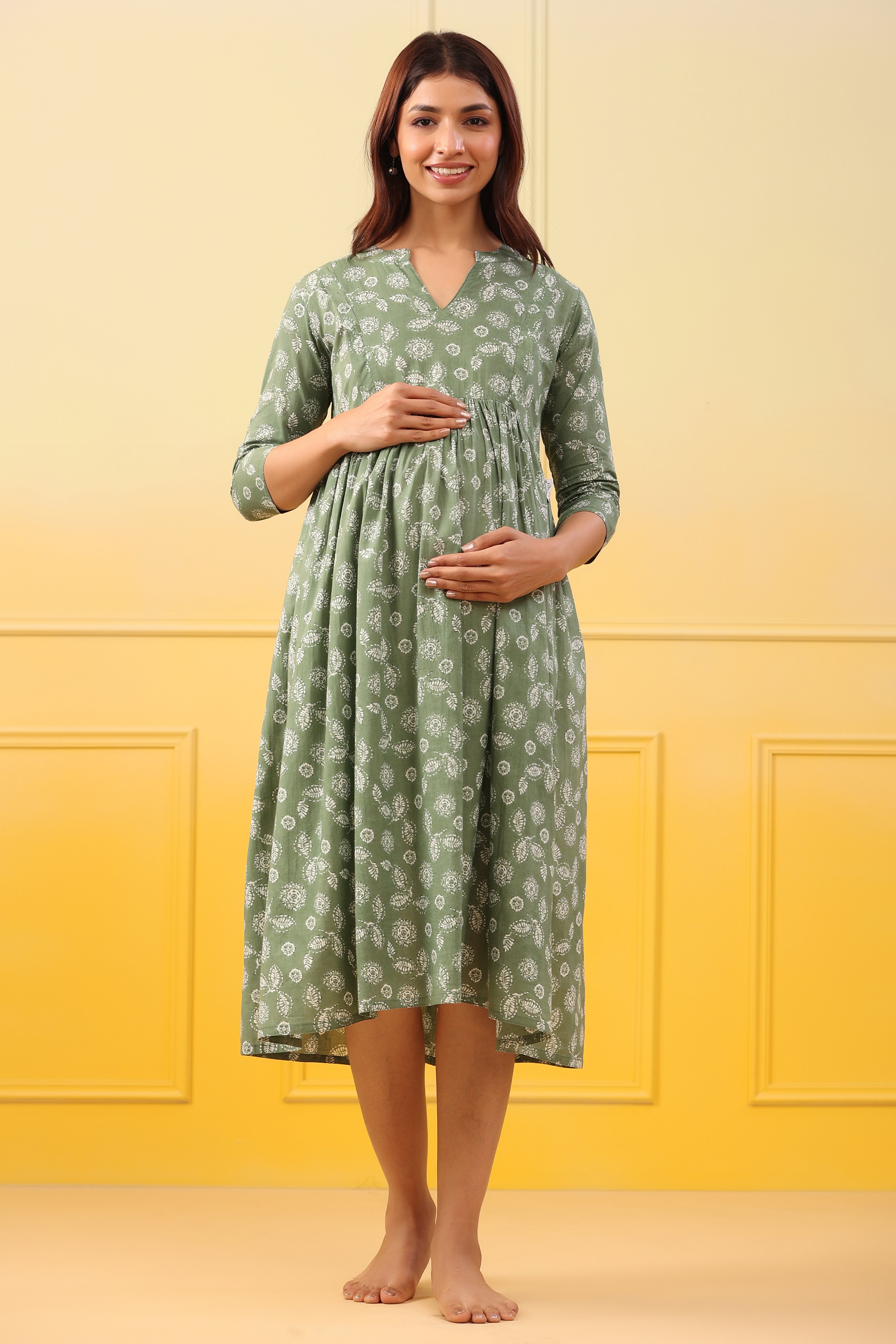 Sage Leaf Cotton Maternity - Nursing Dress
