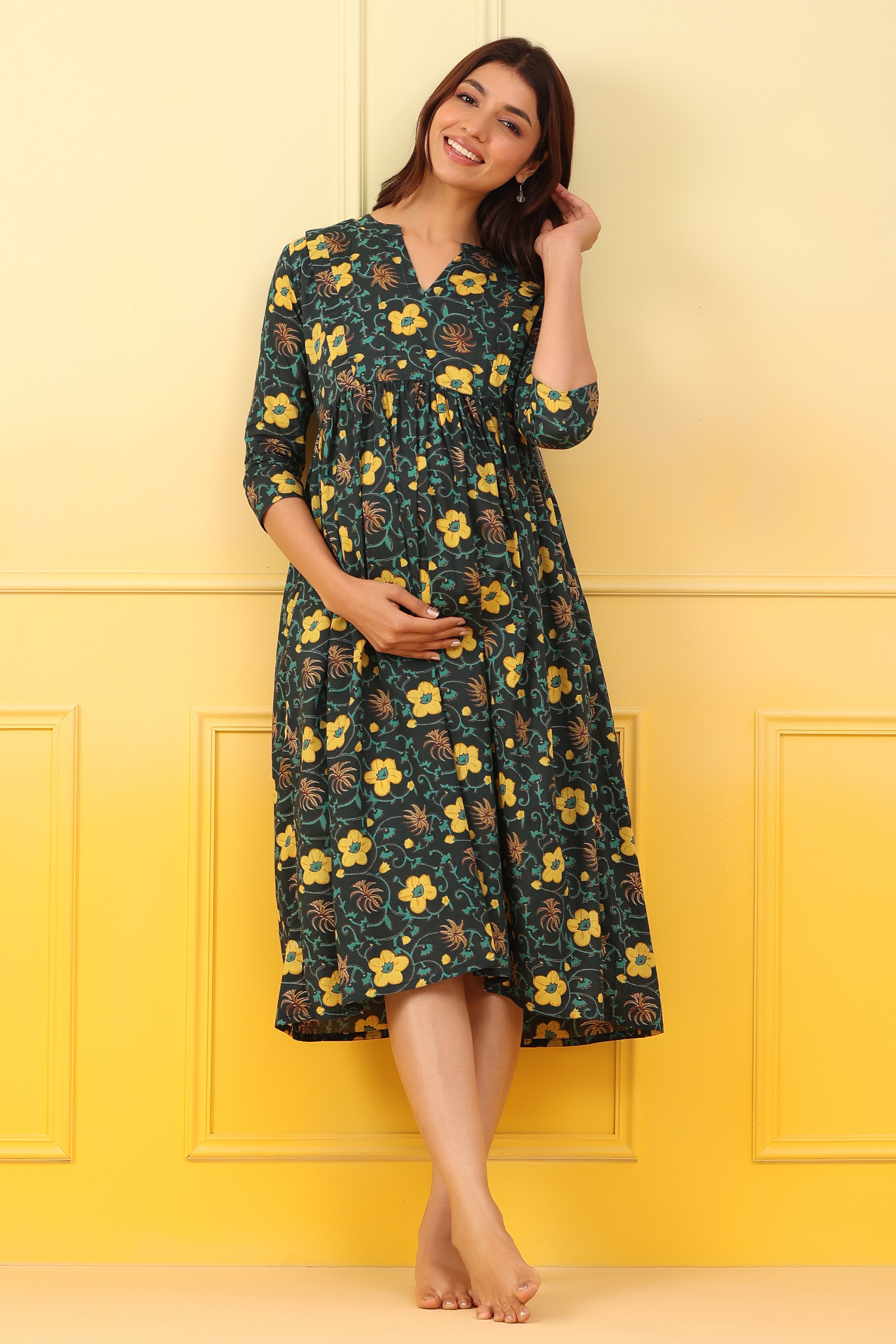 Blossom Green Cotton Maternity - Nursing Dress