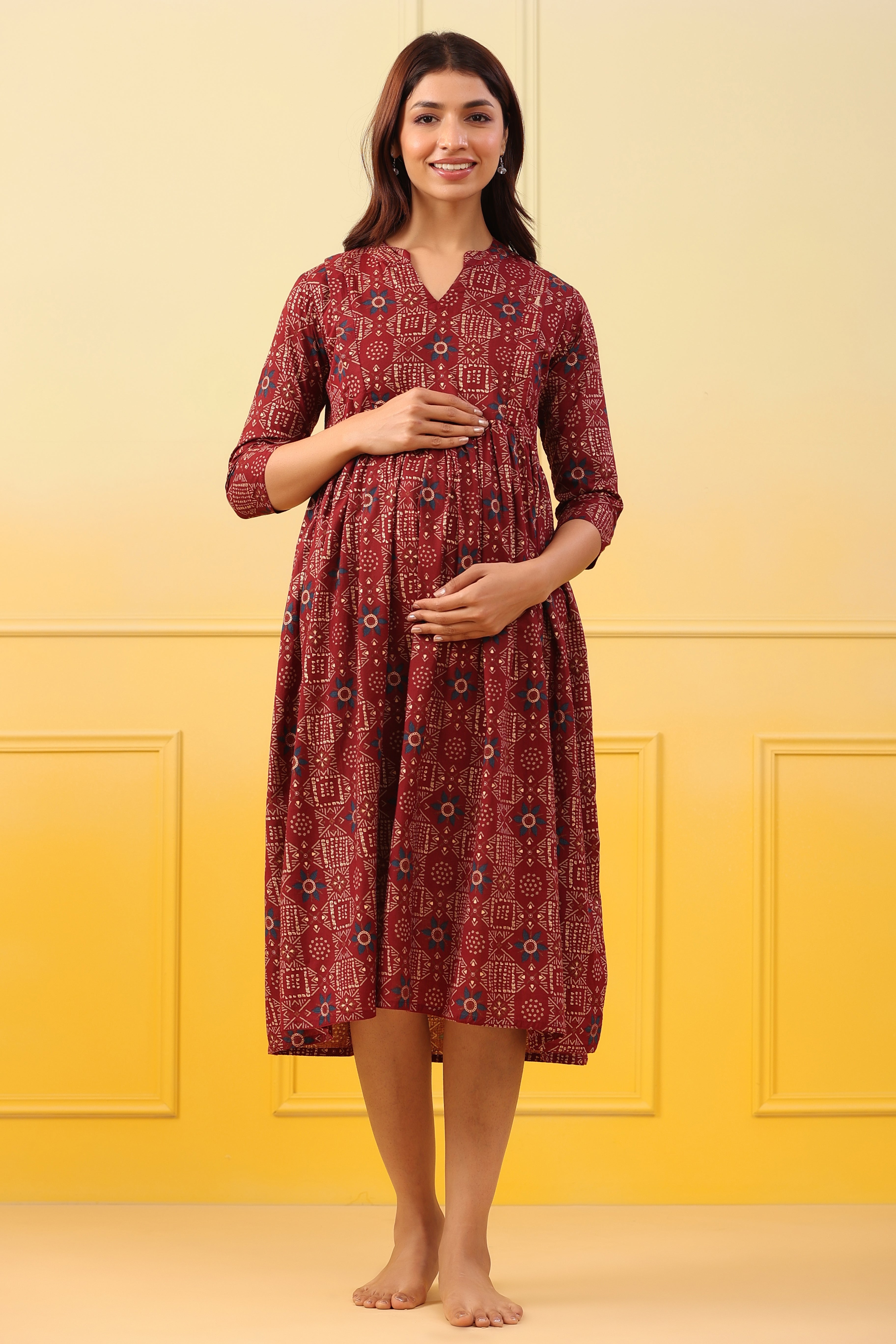 Maroon Oak Gold Motifs Cotton Maternity - Nursing Dress