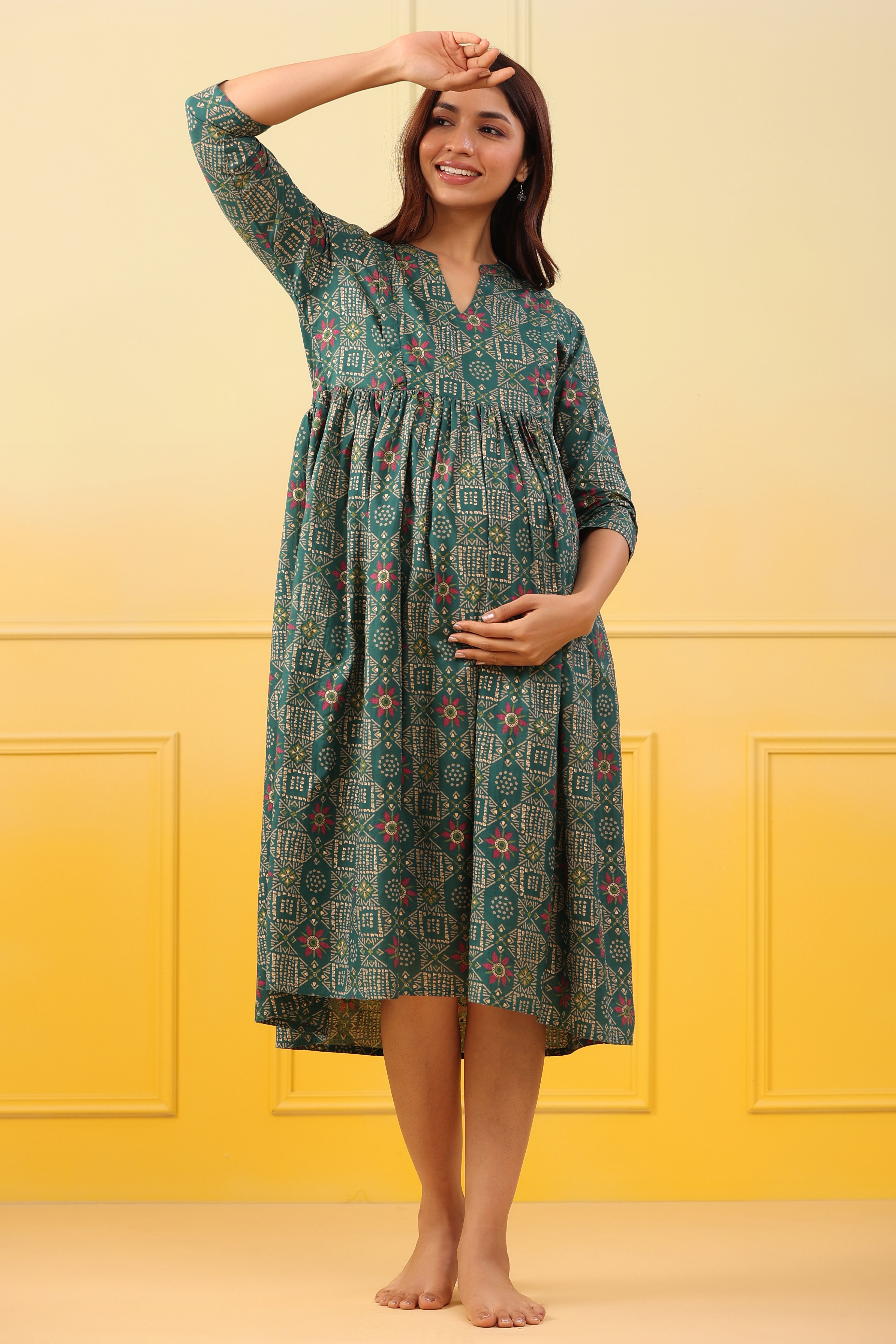 Emerald Gold Motifs Cotton Maternity - Nursing Dress