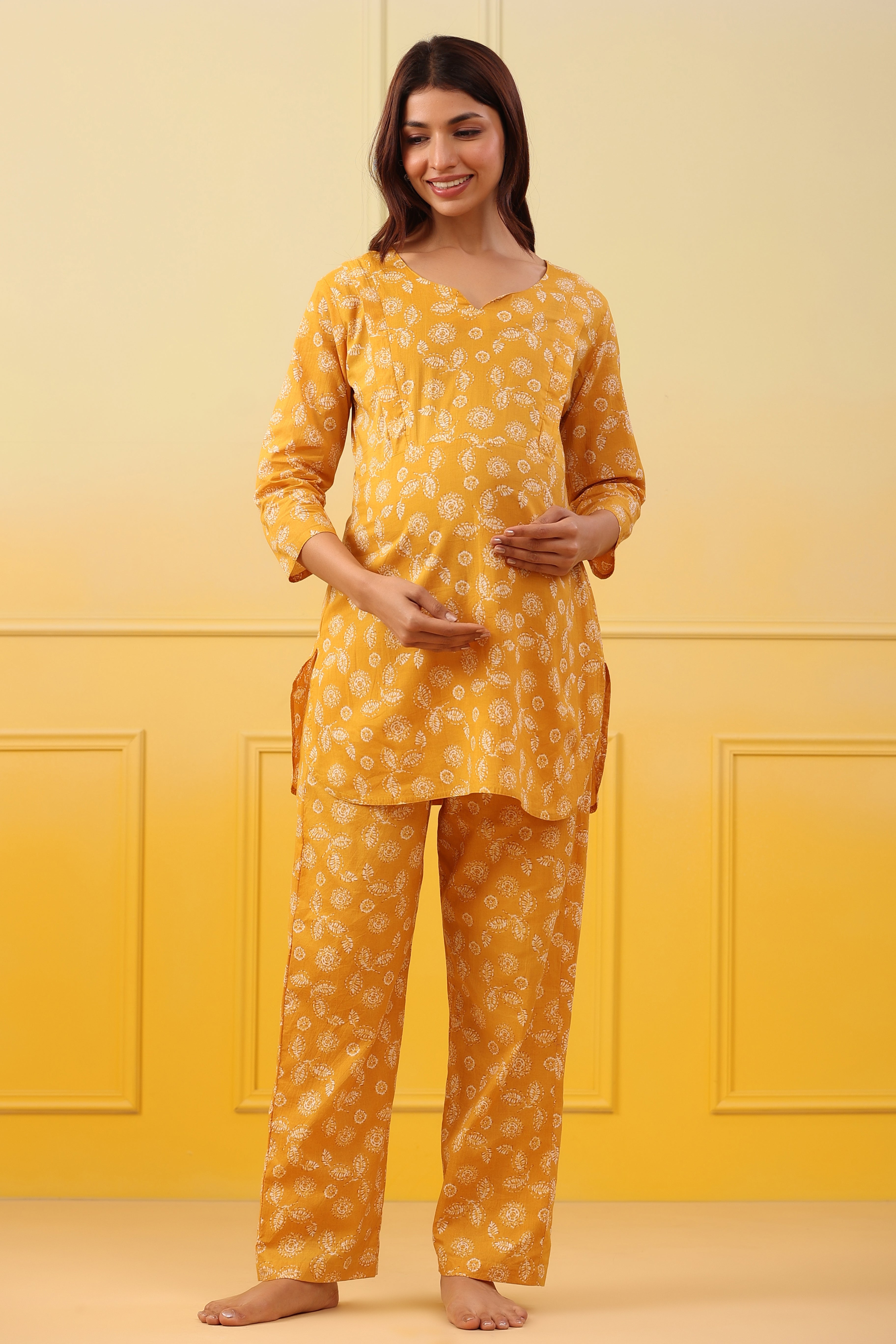 Yellow Vintage Leaf Cotton Maternity - Nursing Co-ord Set